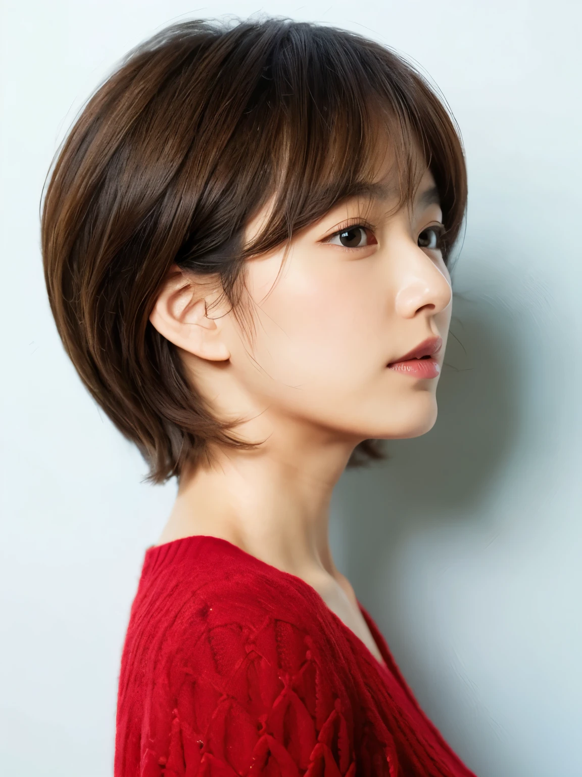 A Japanese Lady、Sunburned skin、short-cut、profile、Shot from the side、Taken in front of a white wall、white wall room with window、Wearing red knitwear、Realistic human eyes、平均的なA Japanese Lady&#39;s face、dark brown eyes、Dark eyes