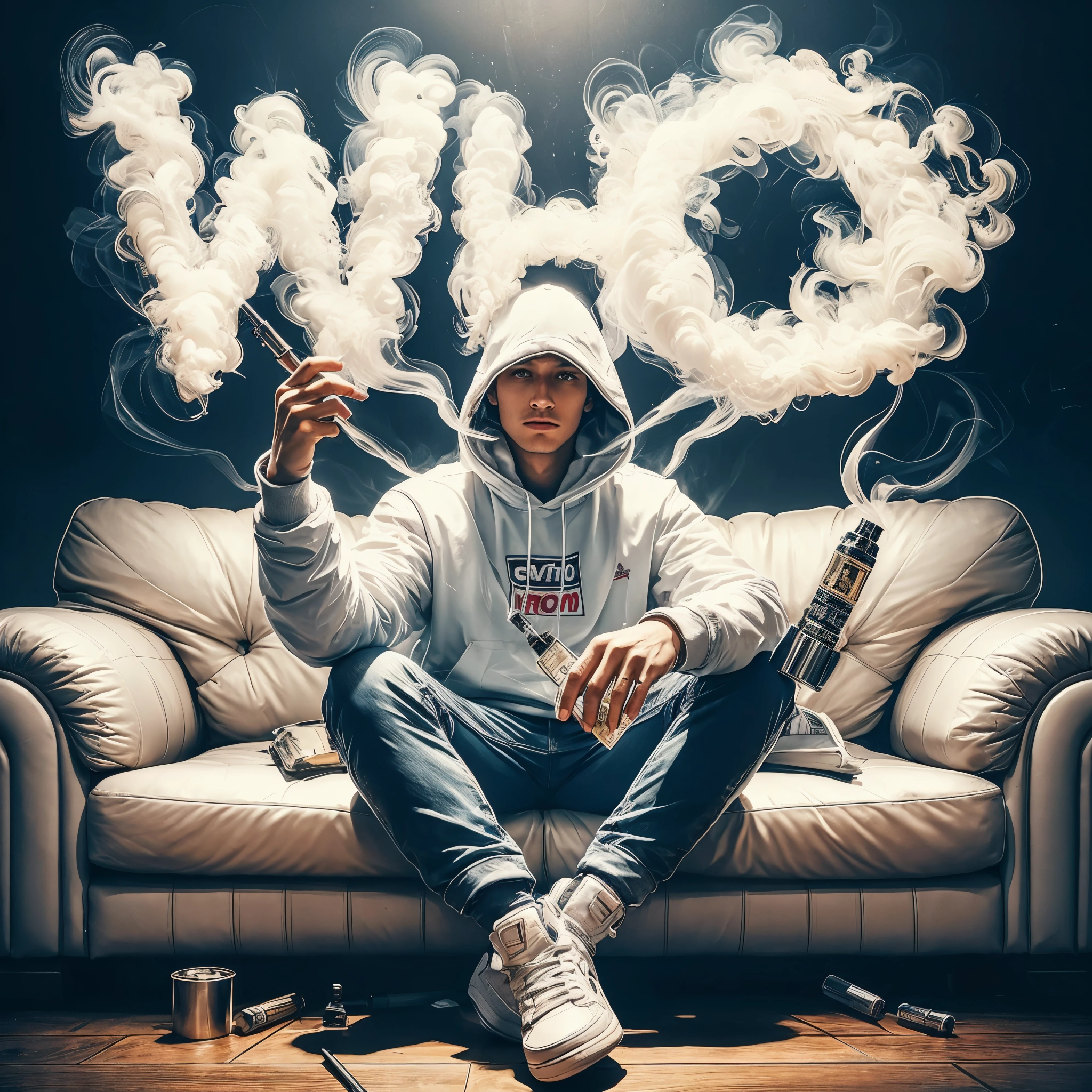 Masterpiece Best photo realistic cinemaric 8K poster design, Young man wearing a white snapback jacket sitting on a sofa showing off his vape skills with smoke forming the letters "WHO", dominant white.