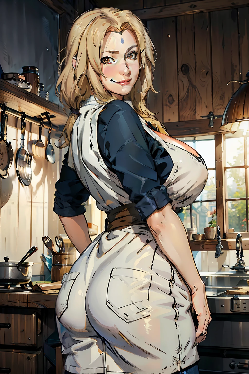 Best quality, solo mature woman, giant breasts, giant ass, very curvy, Long straight blonde hair, brown eyes, full lips, seductive, cooking apron, housewife, smiling