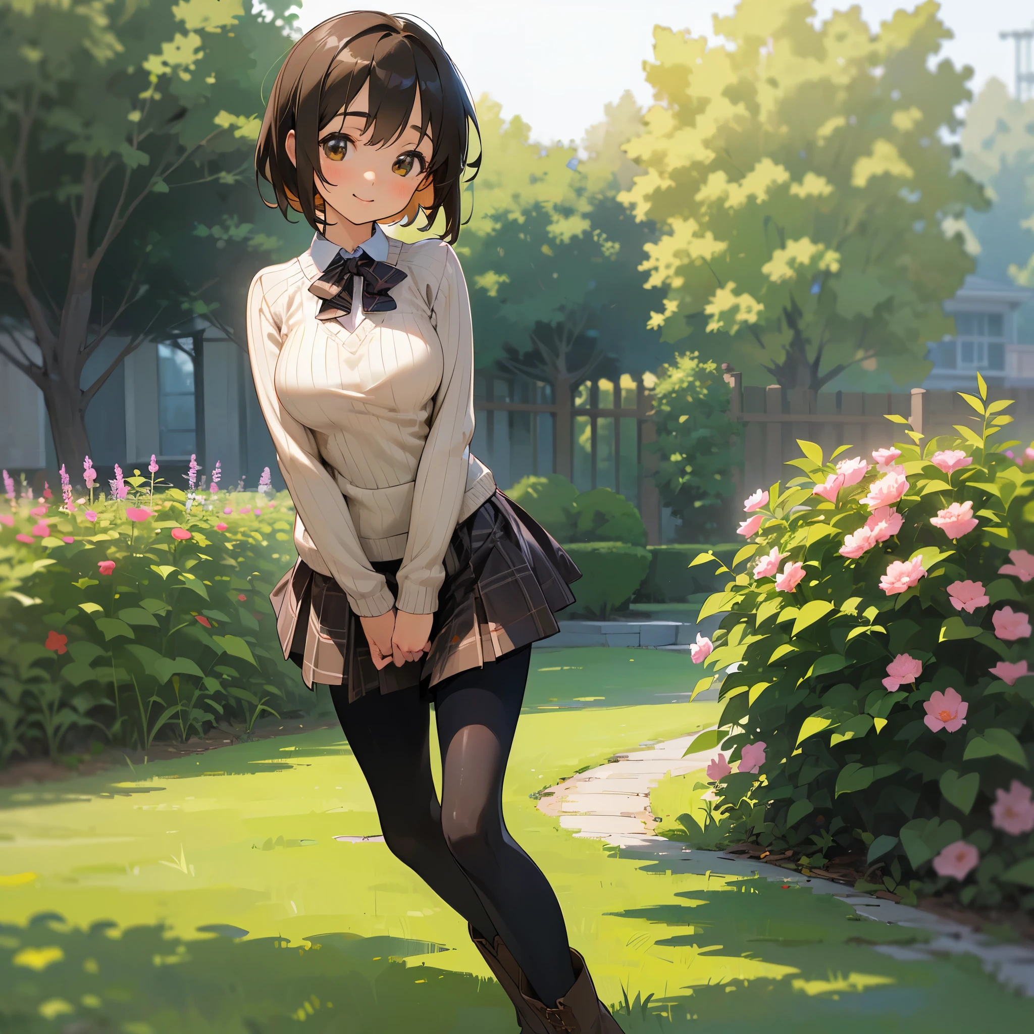 (High quality, High resolution, Ultra-detailed, Realistic:1.37), peaceful ambiance, (plein air, garden), Teenage girl standing alone, (My breasts are big.), Beautiful detailed features, Cute smile, (Black bob hair), Ribbed sweater, Burberry Check Skirt, Black tights, Brown boots.