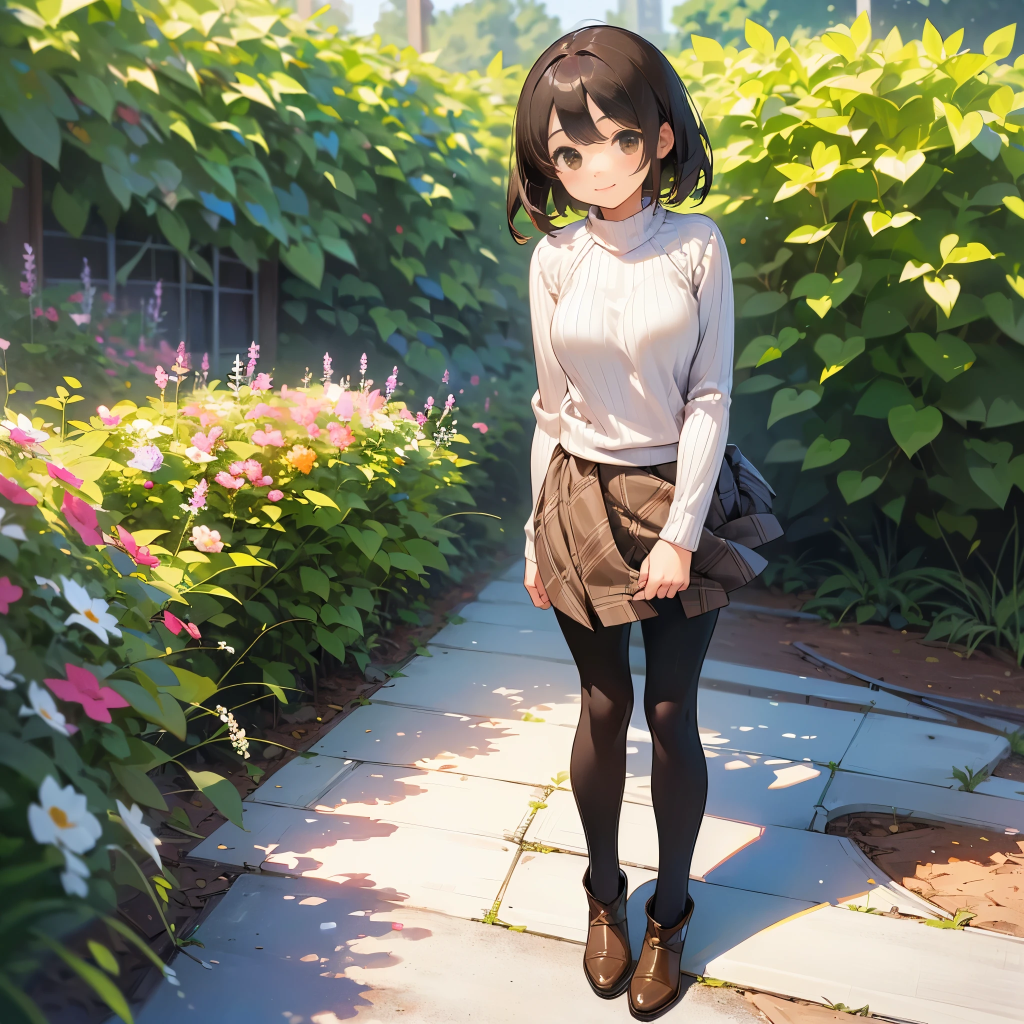 (High quality, High resolution, Ultra-detailed, Realistic:1.37), peaceful ambiance, (plein air, garden), girl standing alone, (My breasts are big.), Beautiful detailed features, Cute smile, (Black bob hair), Ribbed sweater, Burberry Check Skirt, Black tights, Brown boots.
