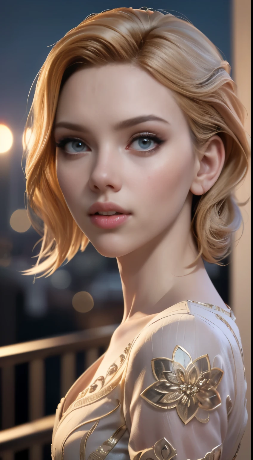 photo of Scarlett Johansson, RAW, beautiful woman, ((portrait)), ((detailed face:1.2)), ((detailed facial feature, detailed skin, clear skin), (perfect proportioned body), (wearing a color dress), (high detailed city environment, apartment balcony), (realistic photo, best quality, detailed), (8k wallpaper), (cinematic lighting, dramatic lighting) (sharp focus, intricate)