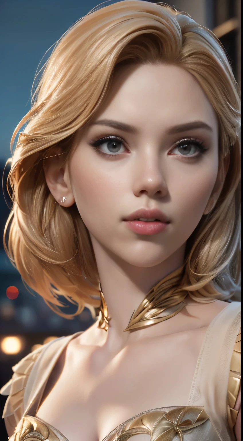 photo of Scarlett Johansson, RAW, beautiful woman, ((portrait)), ((detailed face:1.2)), ((detailed facial feature, detailed skin, clear skin), (perfect proportioned body), (wearing a color dress), (high detailed city environment, apartment balcony), (realistic photo, best quality, detailed), (8k wallpaper), (cinematic lighting, dramatic lighting) (sharp focus, intricate)