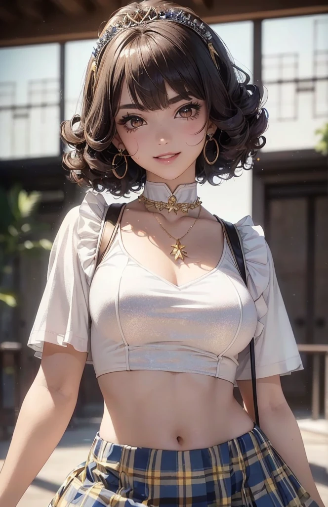 (One upper body photo), beauitful face, Highly Detailed Face and Skin Textur, (Detailed eyebrows, 二重まぶた, tthin eyebrows, glitter eyeliner: 1.2, Natural cheeks, Glowing skin, White skin of the, (((With schoolgirl costume))), glitter necklace and earrings, (glossy lips: 1. 4), (lusty smile), (20yr old), (curlies, slanted bangs), short detailed hair, diadems, ((upperbody shot)), ((focus and face)), medium, Upturned.