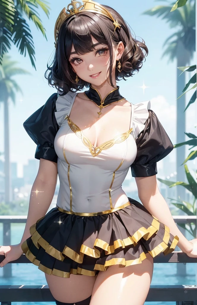 (One upper body photo), beauitful face, Highly Detailed Face and Skin Textur, (Detailed eyebrows, 二重まぶた, tthin eyebrows, glitter eyeliner: 1.2, Natural cheeks, Glowing skin, White skin of the, (((With schoolgirl costume))), glitter necklace and earrings, (glossy lips: 1. 4), (lusty  smile), (20yr old), (curlies, slanted bangs), short detailed hair, diadems, ((upperbody shot)), ((focus and face)), medium, Upturned.