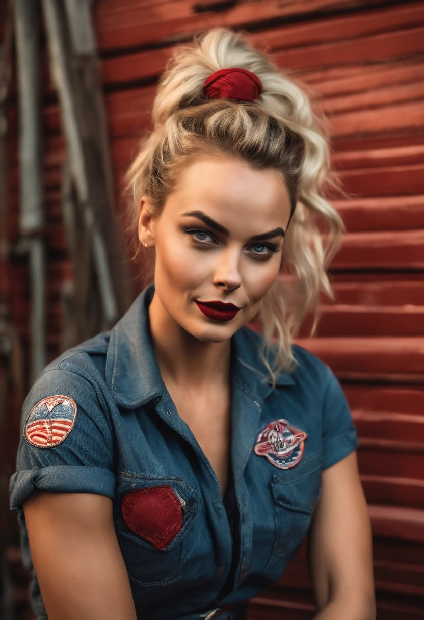 (best quality,ultra-detailed),(realistic,photorealistic:1.37),Margot Robbie dressed as Rosie the Riveter,Harley Quinn face paint,confident pose,vibrant colors,strong and determined expression,muscular arms,feminine features,red bandana,blue jumpsuit,distressed and worn-out look,industrial background,gritty texture,soft lighting,sweat glistening on her forehead,smudged face paint,rebellious attitude,wild blonde hair flowing in the wind,courageous and empowered vibes