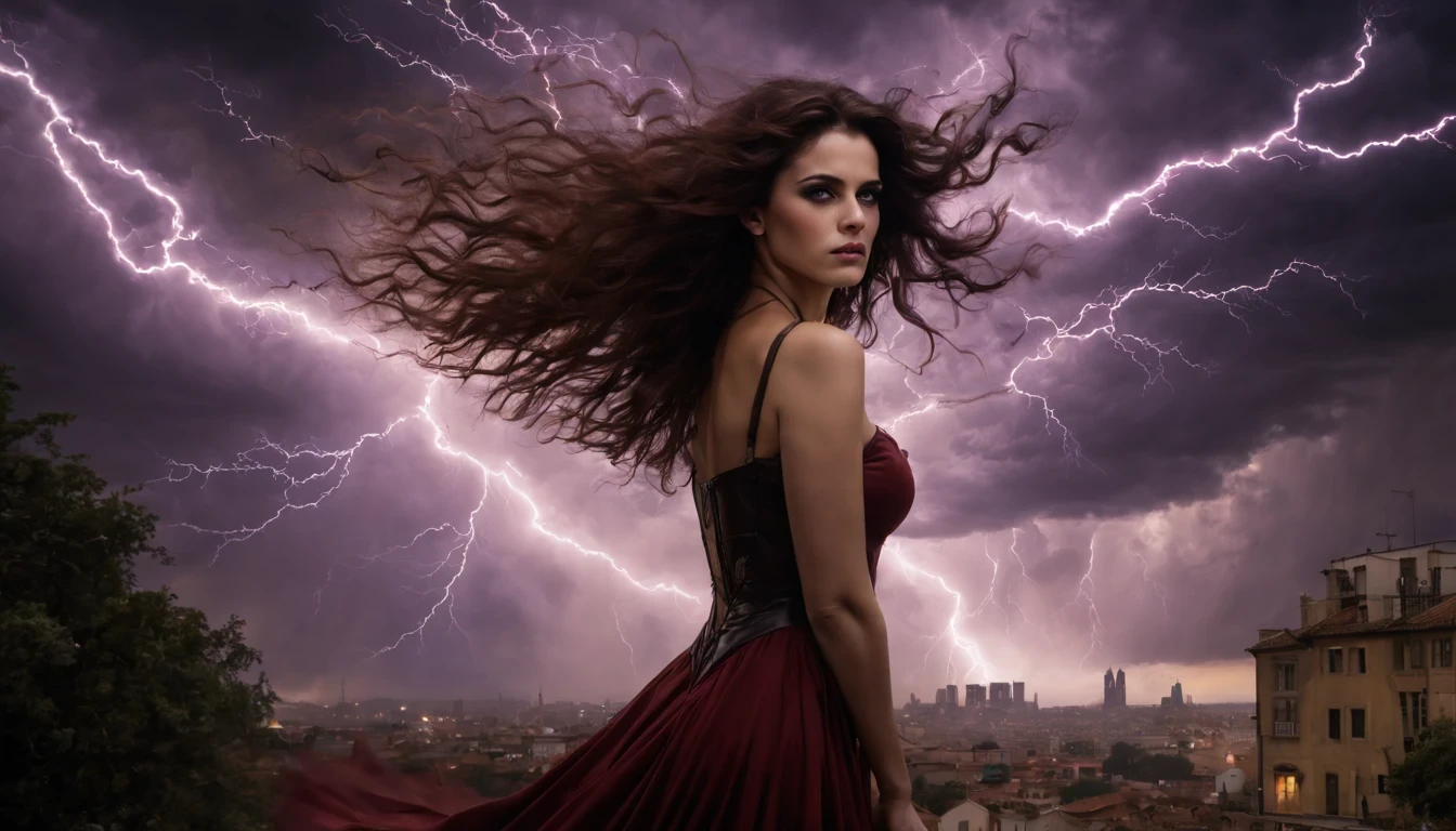 1 girl "Ally Sheedy com vestido vermelho longo", flutuando na cidade with lightning bolts, Mulher no vestido vermelho longo com cabelo vermelho e preto, gothic maiden, Art not Guweiz style, No estilo de arte Bowater, 8k arte detalhada de alta qualidade, gothic art style, wearing a gothic dress, fechamento, Olhos vermelhos, olhando para baixo, cabelos brancos, vento, head tilt, cabelos brancos, Cabelos Longos, Tira vigorosa, cabelos lisos, cabelo grande, cabelos expressivos, (Olhos vermelhos que brilham intensamente:1.8), olhos para baixo, (Olhos vermelhos:1.5), Pessoas fugindo das ruas movimentadas da cidade repleta de lojas々, rua movimentada, A huge amount of purple lightning shot out from the girl'the hand and hit the city, lightning clouds, Atmospheric lightning, Pink Lightning, with thunderstorms, Tempestade escura with lightning bolts, Dramatic purple lightning, Lightning in the sky, contrast lightning, thunderstorm in the sky, lightning in the background, with lightning bolts, clima tempestuoso with lightning bolts, Top volumetric lighting,Efeito de usar aura roxa,(Control a large number of beams with open arms:1.4), Lightning effect on both hands, Countless balls glowing purple around the girl,goddess of lightning, tempestade, storm outside, Ela atrai muitos raios roxos,