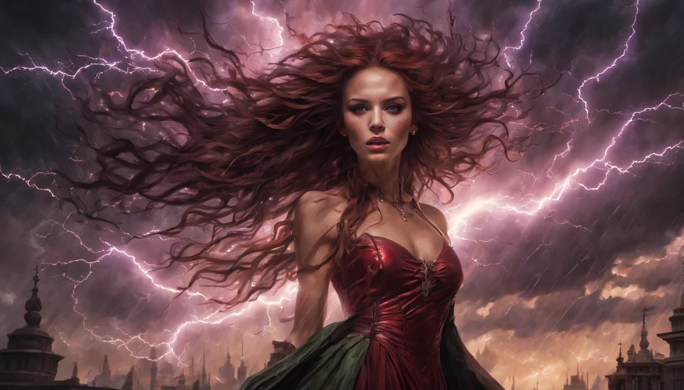 1 girl "Jennifer Grey com vestido Verde longo", flutuando na cidade with lightning bolts, Mulher no vestido Verde longo com cabelo vermelho e preto, gothic maiden, Art not Guweiz style, No estilo de arte Bowater, 8k arte detalhada de alta qualidade, gothic art style, wearing a gothic dress, fechamento, Olhos vermelhos, olhando para baixo, cabelos brancos, vento, head tilt, cabelos brancos, Cabelos Longos, Tira vigorosa, cabelos lisos, cabelo grande, cabelos expressivos, (Olhos vermelhos que brilham intensamente:1.8), olhos para baixo, (Olhos vermelhos:1.5), Pessoas fugindo das ruas movimentadas da cidade repleta de lojas々, rua movimentada, A huge amount of purple lightning shot out from the girl'the hand and hit the city, lightning clouds, Atmospheric lightning, Pink Lightning, with thunderstorms, Tempestade escura with lightning bolts, Dramatic purple lightning, Lightning in the sky, contrast lightning, thunderstorm in the sky, lightning in the background, with lightning bolts, clima tempestuoso with lightning bolts, Top volumetric lighting,Efeito de usar aura roxa,(Control a large number of beams with open arms:1.4), Lightning effect on both hands, Countless balls glowing purple around the girl,goddess of lightning, tempestade, storm outside, Ela atrai muitos raios roxos,
