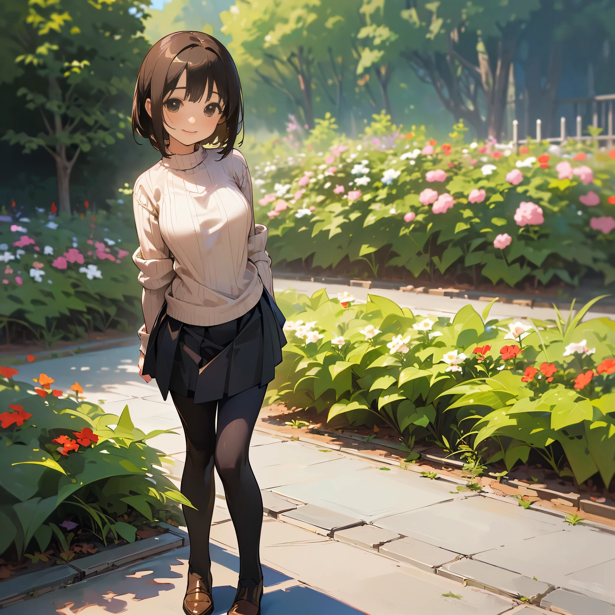 (High quality, High resolution, Ultra-detailed, Realistic:1.37), peaceful ambiance, (plein air, garden), Teenage girl standing alone, (My breasts are big.), Beautiful detailed features, Cute smile, (Black bob hair), Ribbed sweater, Burberry Check Skirt, Black tights, Brown boots.
