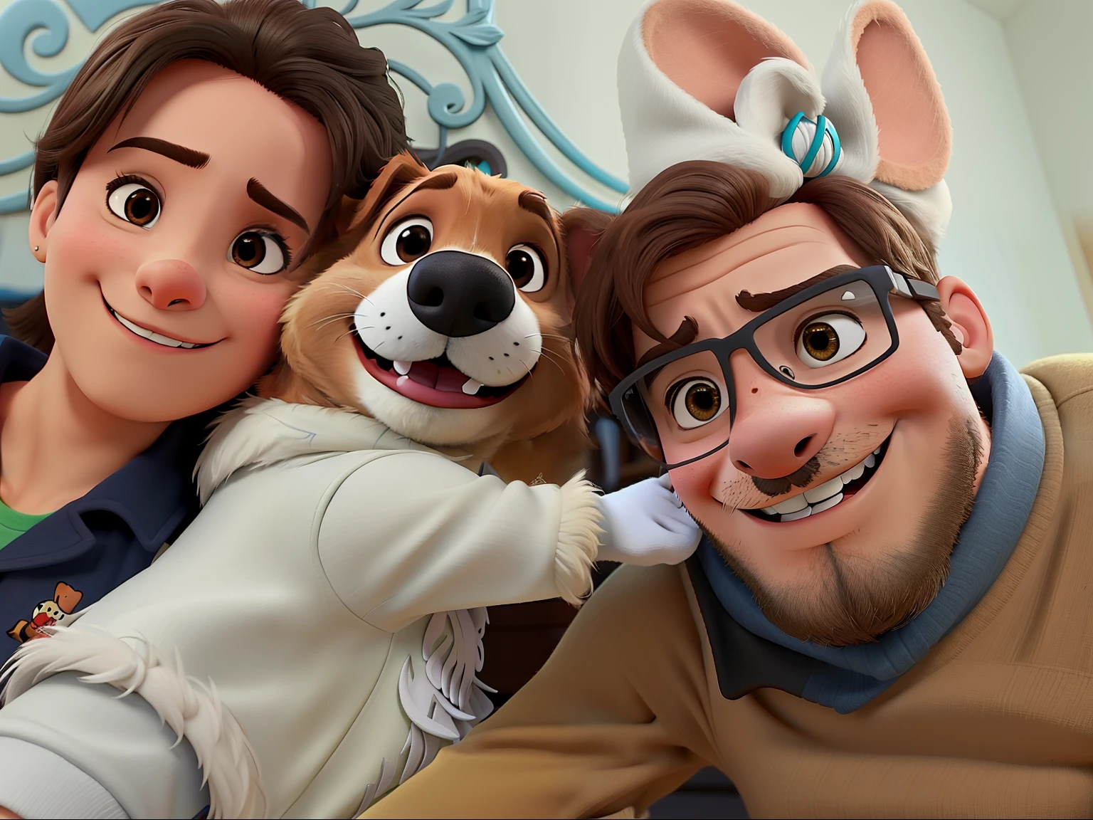 Casal estilo com um cachorro Disney pixar, alta qualidade, melhor qualidade