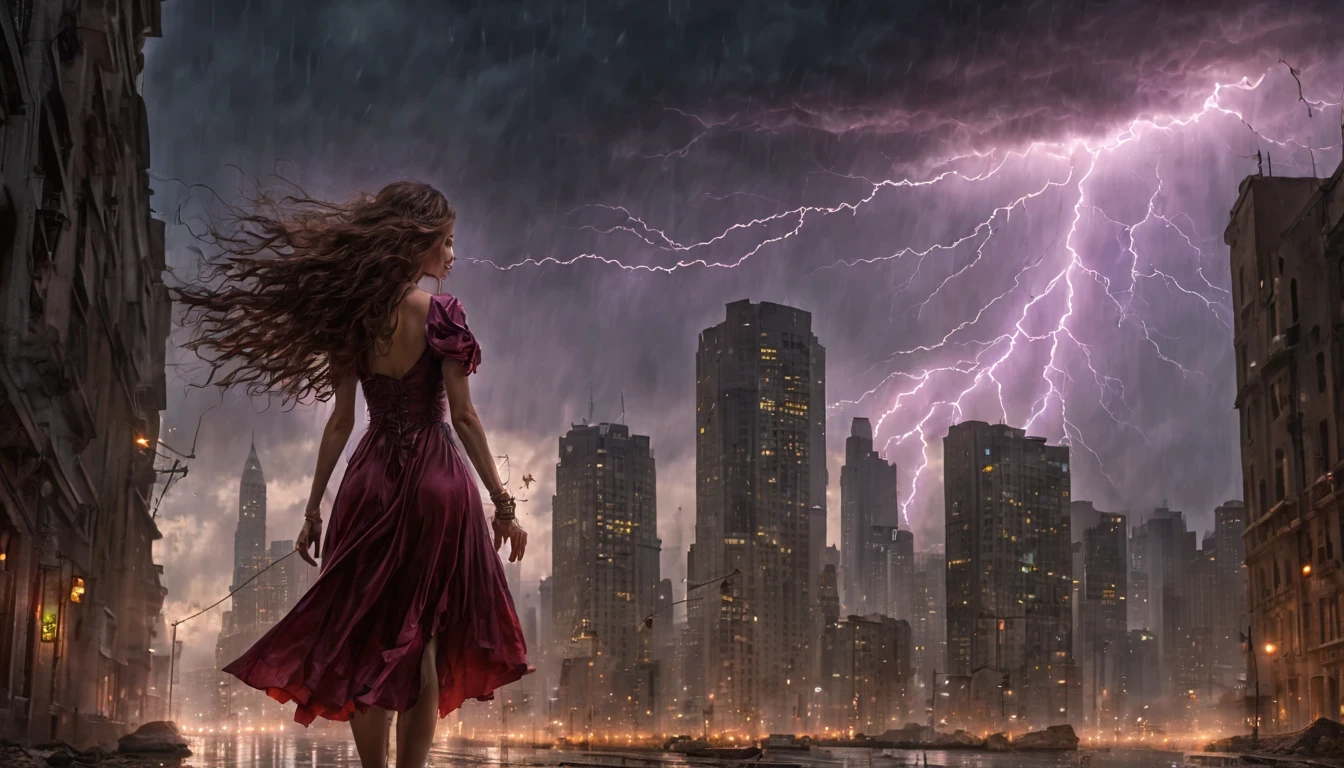 1 girl "Jennifer Grey com vestido Verde longo", flutuando na cidade with lightning bolts, Mulher no vestido Verde longo com cabelo vermelho e preto, gothic maiden, Art not Guweiz style, No estilo de arte Bowater, 8k arte detalhada de alta qualidade, gothic art style, wearing a gothic dress, fechamento, Olhos vermelhos, olhando para baixo, cabelos brancos, vento, head tilt, cabelos brancos, Cabelos Longos, Tira vigorosa, cabelos lisos, cabelo grande, cabelos expressivos, (Olhos vermelhos que brilham intensamente:1.8), olhos para baixo, (Olhos vermelhos:1.5), Pessoas fugindo das ruas movimentadas da cidade repleta de lojas々, rua movimentada, A huge amount of purple lightning shot out from the girl'the hand and hit the city, lightning clouds, Atmospheric lightning, Pink Lightning, with thunderstorms, Tempestade escura with lightning bolts, Dramatic purple lightning, Lightning in the sky, contrast lightning, thunderstorm in the sky, lightning in the background, with lightning bolts, clima tempestuoso with lightning bolts, Top volumetric lighting,Efeito de usar aura roxa,(Control a large number of beams with open arms:1.4), Lightning effect on both hands, Countless balls glowing purple around the girl,goddess of lightning, tempestade, storm outside, Ela atrai muitos raios roxos,