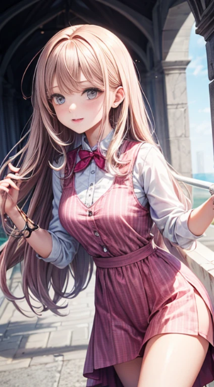 The background is pink, the contrast between pink and a little white, a woman looking at me, medium length, all pink, a woman, the woman's clothing is a dress with polka dots, pink and white polka dots