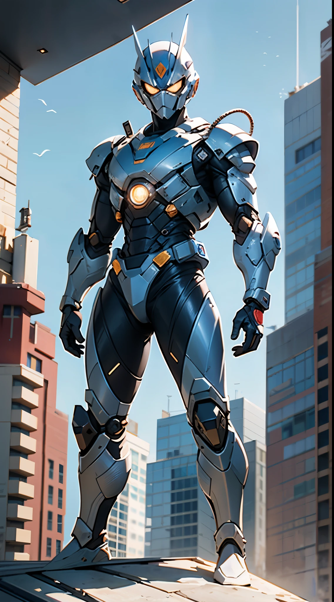 A super a high-tech biotech battle suit, standing on a rooftop, looking over the city, Japanese tokusatsu and American comic style, biometallic texture of the suit, sleek and shiny, dynamic, fast, natural light, cinematic, high quality, high resolution, high detail, sophisticated design, dramatic, high definition, ultra-detailed, ultra-fine painting, extremely delicate, creativity, Natural light, cinematic lighting, best shadow, masterpiece-anatomy-perfect