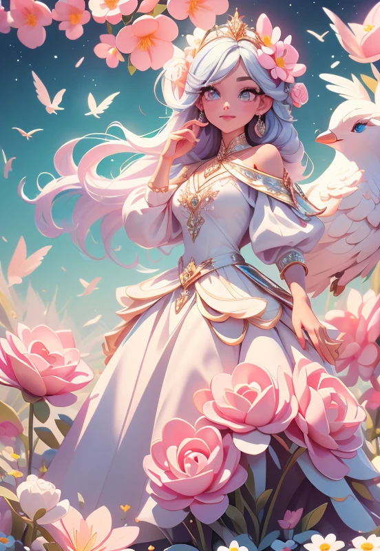 Castle, Flowers, delicate scene, sky, White clouds, and sunlight shine on the snow-white beach. Birds, Pink flowers and bright large shells, diamond crystal, On the beach, fantasy, Night sky, Moon, Smoke, Fire, Photo, HD, 8K, hyper HD, Super detail, High quality, 1080p