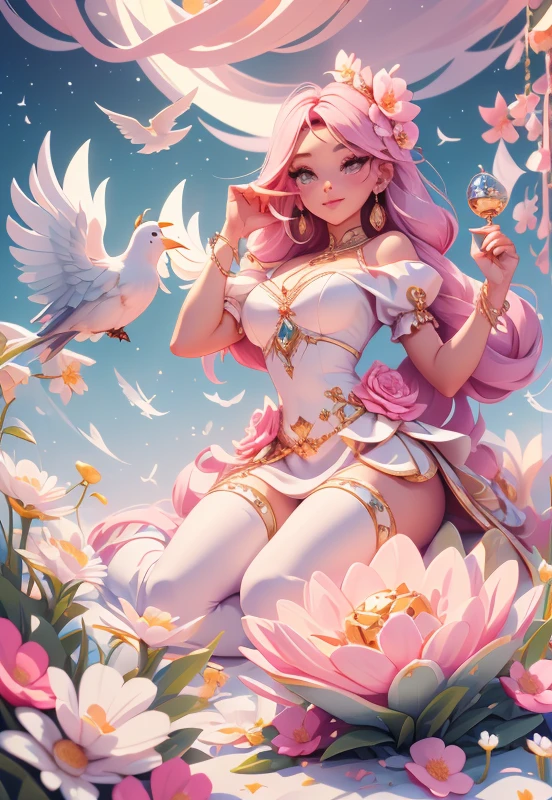 Castle, Flowers, delicate scene, sky, White clouds, and sunlight shine on the snow-white beach. Birds, Pink flowers and bright large shells, diamond crystal, On the beach, fantasy, Night sky, Moon, Smoke, Fire, Photo, HD, 8K, hyper HD, Super detail, High quality, 1080p