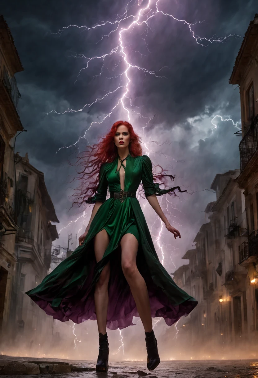1 girl "Molly Ringwald com vestido Verde longo", flutuando na cidade with lightning bolts, Mulher no vestido Verde longo com cabelo vermelho e preto, gothic maiden, Art not Guweiz style, No estilo de arte Bowater, 8k arte detalhada de alta qualidade, gothic art style, wearing a gothic dress, fechamento, Olhos vermelhos, olhando para baixo, cabelos brancos, vento, head tilt, cabelos brancos, Cabelos Longos, Tira vigorosa, cabelos lisos, cabelo grande, cabelos expressivos, (Olhos vermelhos que brilham intensamente:1.8), olhos para baixo, (Olhos vermelhos:1.5), Pessoas fugindo das ruas movimentadas da cidade repleta de lojas々, rua movimentada, A huge amount of purple lightning shot out from the girl'the hand and hit the city, lightning clouds, Atmospheric lightning, Pink Lightning, with thunderstorms, Tempestade escura with lightning bolts, Dramatic purple lightning, Lightning in the sky, contrast lightning, thunderstorm in the sky, lightning in the background, with lightning bolts, clima tempestuoso with lightning bolts, Top volumetric lighting,Efeito de usar aura roxa,(Control a large number of beams with open arms:1.4), Lightning effect on both hands, Countless balls glowing purple around the girl,goddess of lightning, tempestade, storm outside, Ela atrai muitos raios roxos,