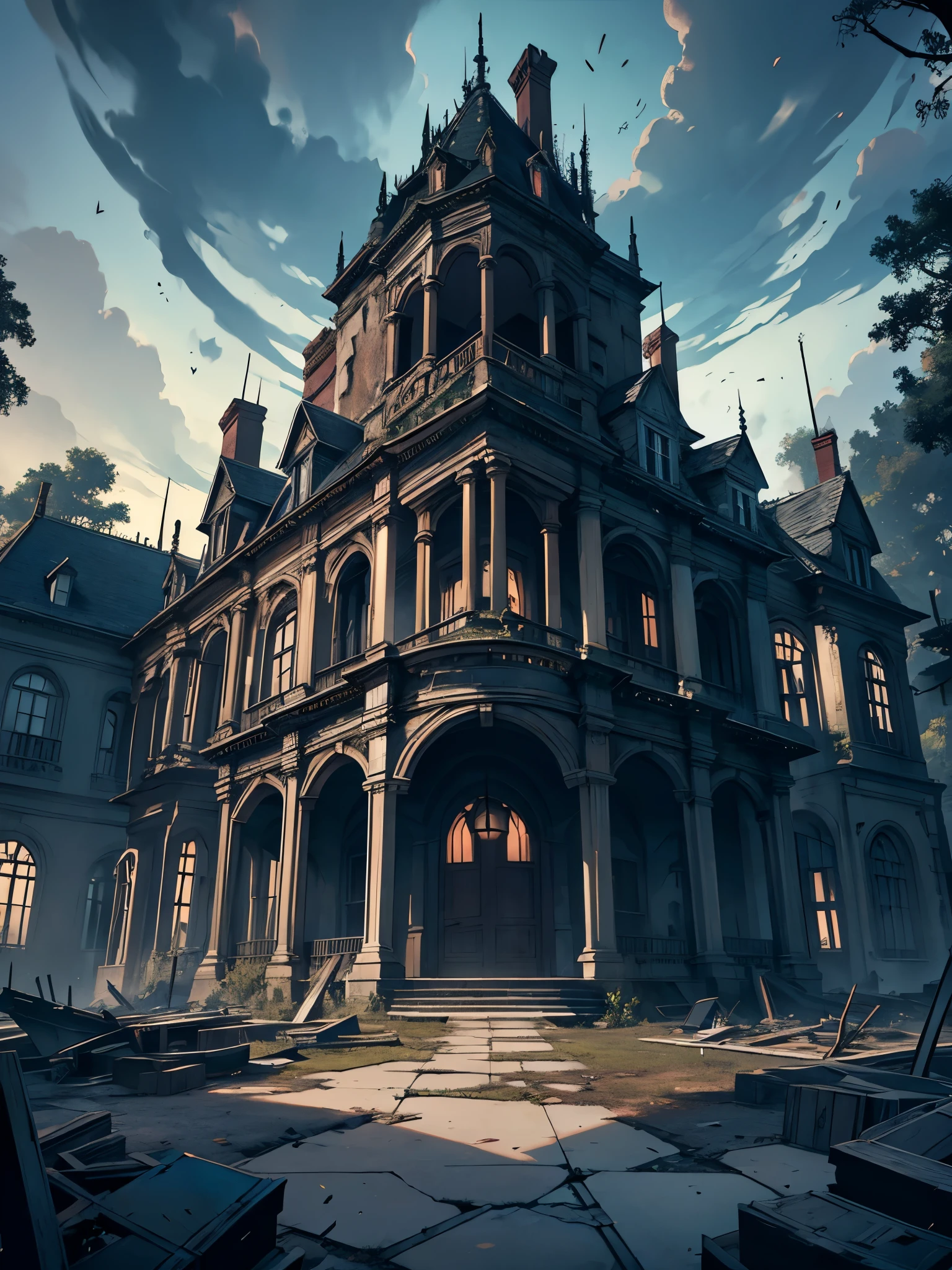 Make a haunted mansion. Dark, black walls, wreckage of destruction on the floor.
Front view of the mansion. With nothing around. Just the scenery.