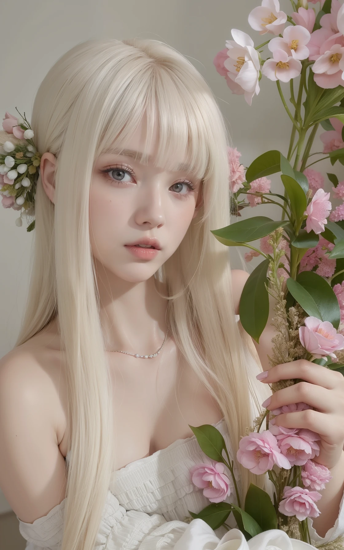 Chica rubia con flores rosadas en la cara y vestido blanco., Peinado blanco de corte hime, Cabello largo y blanco y flequillo, flequillo blanco, con pelo largo blanco, Hermosa Delphine, pale porcelain white skin, con el pelo largo y blanco, pale hair, pale goth beauty, kawaii aesthetics, Chica con el pelo blanco, anime aesthetic, her face looks like an orchid, cabello blanco y hermoso