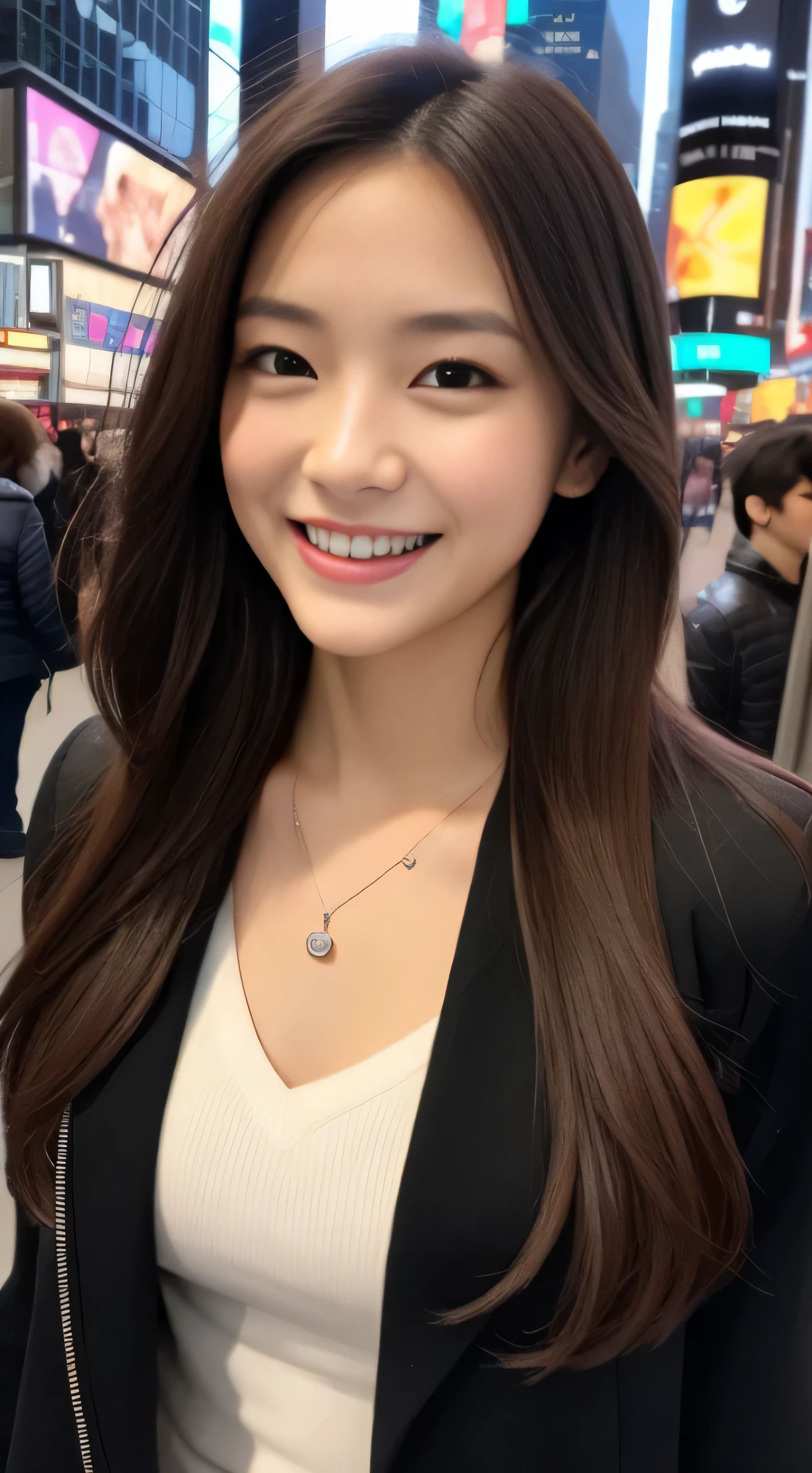 The face of the hostess、Winter Outfit、hiquality、A hyper-realistic、healthy、Smiling expression、Slender perfect figure、Japan beauties、 a necklace、perfect eyes beautiful skin、The upper part of the body、times square downtown