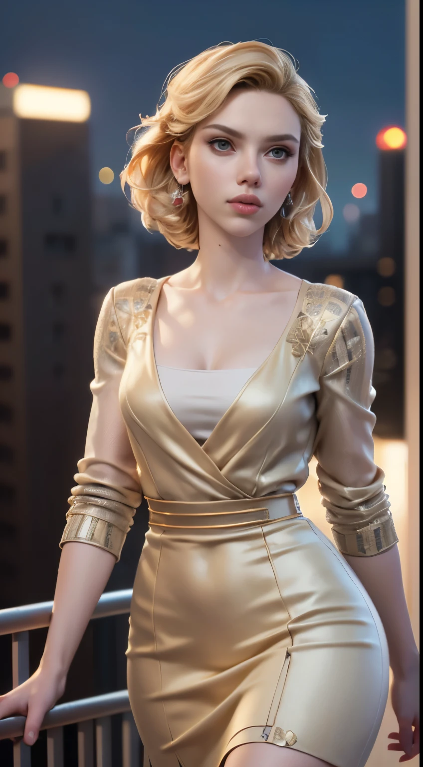 photo of Scarlett Johansson, RAW, beautiful woman, ((portrait)), ((detailed face:1.2)), ((detailed facial feature, detailed skin, clear skin), (perfect proportioned body), walking, (wearing a color dress), (high detailed city environment, apartment balcony), (realistic photo, best quality, detailed), (8k wallpaper), (cinematic lighting, dramatic lighting) (sharp focus, intricate)