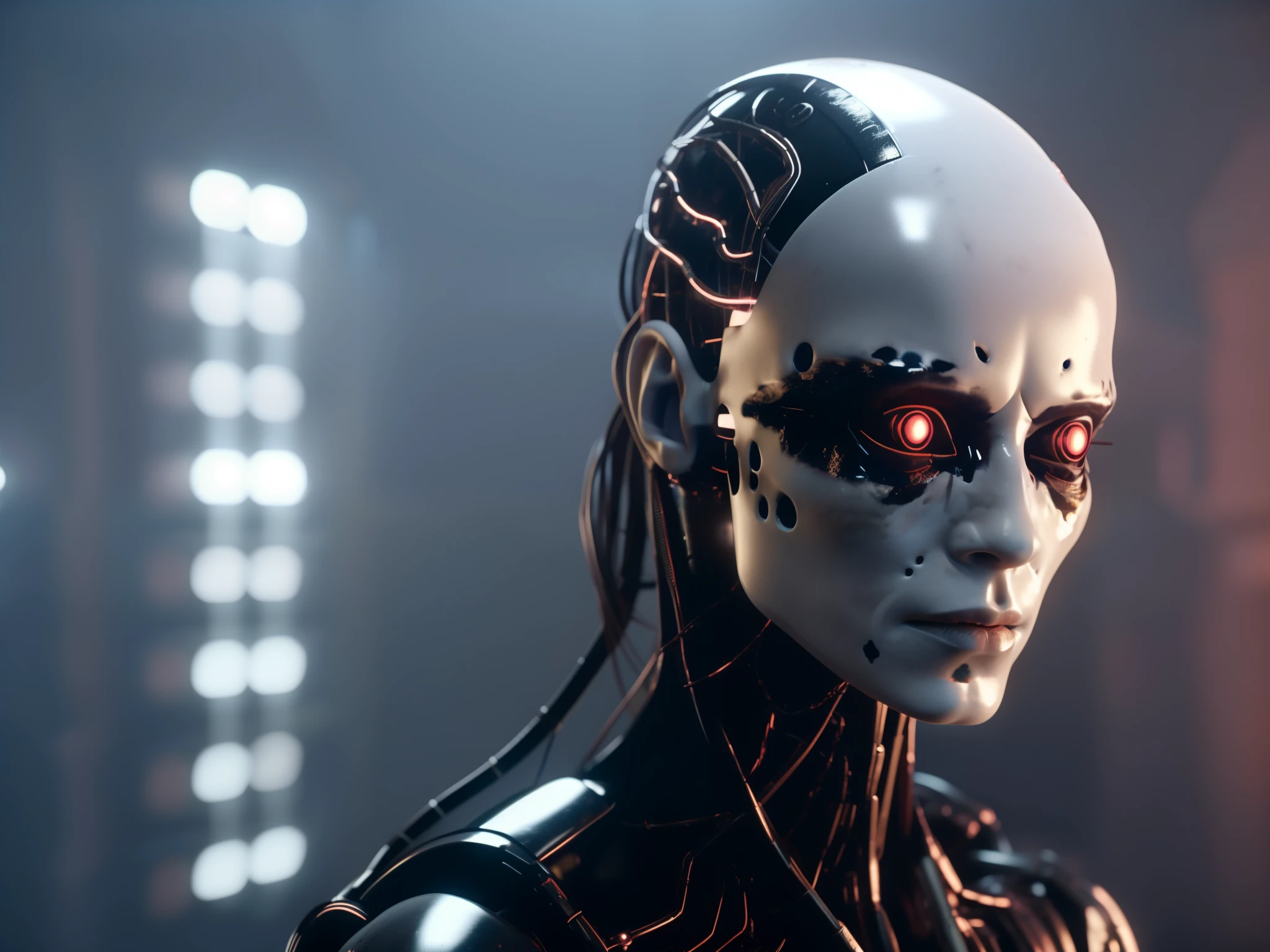 Humanoid woman with one eye，white head and black face，In a dark room，There was a red light behind him，Cedric Peravenay，unreal engine 5 highly rendered，Cyberpunk art of a，automatic，Original photo of the detailed skin，Clear face，