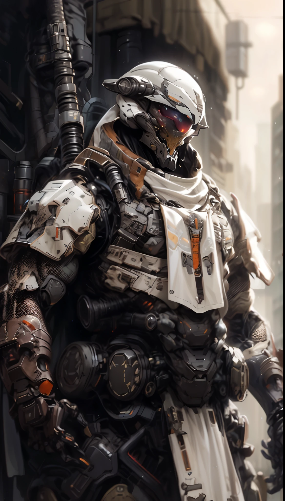 (((An epic and visually stunning digital anime masterpiece featuring a sylphlike masculine ((male:1.5)) decorated military dieselpunk cyborg soldier clad in a sleek yet tactical armored yet decorated leather military trench coat:1.2))), (((flat masculine male chest:1.5, mechanical full head helmet, mecha helmet with narrow orange eyes:1.5))), (((the character adorned in a (scifi tactical armored open front trench coat with a built in exoskeleton:1.5) (over a form fitted armor plated yet super sleek and revealing under suit with waist cut outs:1.3), the armor is beautifully engraved:1.4))), The image showcases the intricacies of the character’s armor and clothing:1.5, ((capturing their flamboyant essence and heavy mecha aesthetic:1.2)). The character also possesses an androgynous charm, (((with slim yet heavily muscled physique:1.2, sylphlike with a sleek waist, toned yet beautifully sleek cybernetic arms:1.3, mechanical arms and legs:1.3, mecha muscles:1.3))), looking at viewer, (((brass metal armor and brown leather, dieselpunk:1.3))), (((depth of field, cinematic lighting, chromatic aberration, ray tracing, UHD, masterpiece, top of head covered, super detail, high details, high quality, award winning, 8k, highres)))