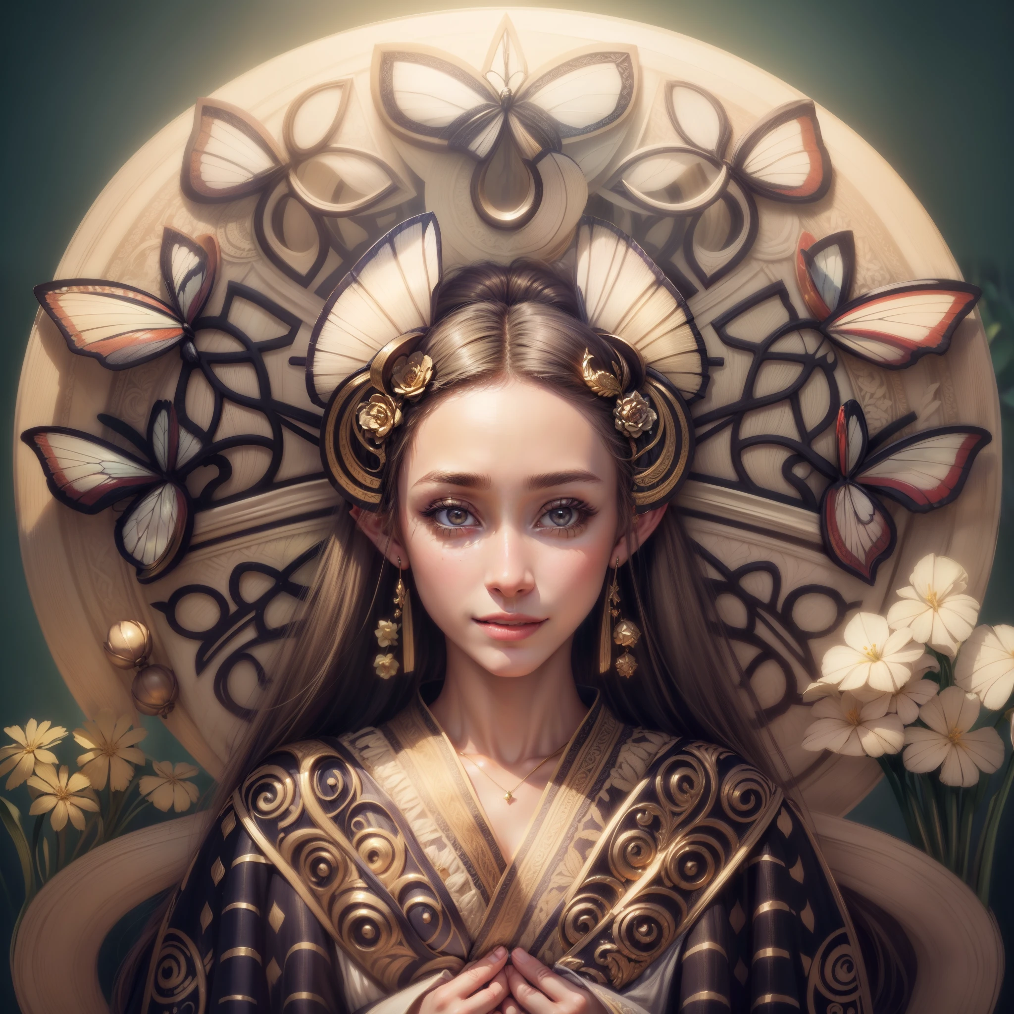 ((hyperrealistic, photorealistic, 8k, intricate details, maximum quality)) A beautiful young elf with long flowing blonde hair with bangs, silky skin, beautiful eyes, full breasts, beautiful lips, smiling, wearing earrings, hair decorations, with two butterfly wings behind her head, wearing a beautiful low-cut light silk dress, with bouquets of flowers on both sides, and in the background, butterflies flying around and under her head, beautiful hyperrealistic butterfly elf, photorealistic adorned elf, beautiful elf background with intricate details. .