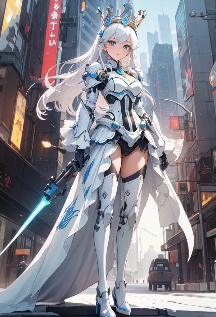 (Detailed illustrations,Very detailed and detailed drawing,Delicate lines with slow and rapid,Realistic texture expression),[Color tressed main line],[Modern city skyscrapers background],(ANIME)(A white GIANTROBOTGirl towering over the building area (SKINNY[SLENDER])),[AUTOMATON](A painstaking face like a sculpture[ROBOTFACE[Eyes like jewels that emit blue-white light]])[[Titanium internal skeleton](Delicate thin fingers) (MACHINEKNIGHT)],((Elegant exterior with many curved surfaces [smooth body surface]) (large crown [[large raised shoulder pad]](Ruffle Petticoat)))[It is called the princess lily of white porcelain],[[TITANWEAPON]] Mecha Body Metal Skin [Cable running down the body surface [gear wheel]],[Platinum coating],[Science Fiction Mechanical [Steampunk]],([beautiful and artistic decoration] [Dense detail [White lily pattern]])[Transparency],(detaileds,high-detail),[[long and beautiful eyelashes]Perfect and beautiful face],[Meticulously drawn hair [美しく艷やかな髪のdetaileds]],(完璧な手のdetaileds [Beautiful fingers without breakdowns [Beautiful nails]]),(Perfect Anatomy(Perfectly proportioned))[[Full body like]],[Ideal color coordination(Accurate simulation of light-material interactions)],([Precision Detail](detaileds,high-detail)),(Huge feeling [Total length 40 meters])[Visual art that conveys a sense of narrative].