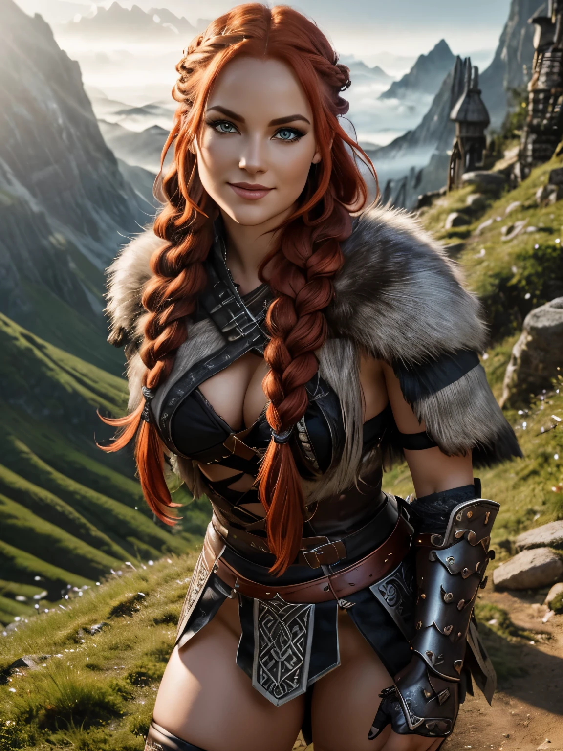 A beautiful and sexy viking raider woman dressed in wolf armor, heavy eyeliner, heavy eyeshadow, beautiful refined face detail, bright light eyes, aroused smile, mischievous glint in her eye, perfect legs, wonderful and innocent energy, adventurous spirit, Lucious braided red hair, atmospheric fog, ambient light, rim light, an overgrown mountain forest,