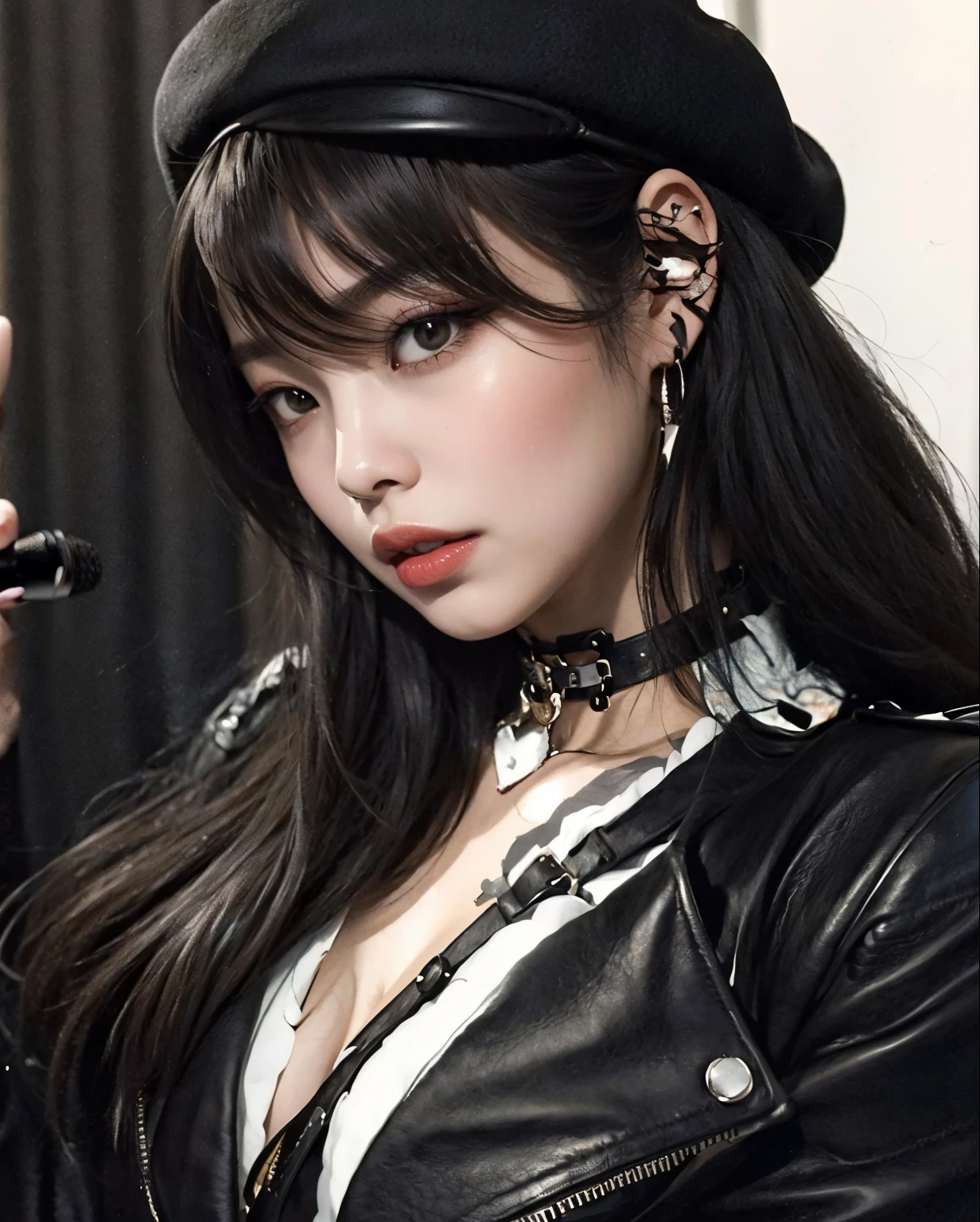 Jennie araffe in a black leather jacket and hat holding a microphone, she has black hair com franja, franja preta, cabelo blackbangs cabelo, goth girl aesthetic, cabelo preto e franja branca, wearing a chocker and cute hat, com franja, 1 7 -  - old h girl, com franja completa, cruel korean goth girl, imagem de perfil,  Jennie blackpink