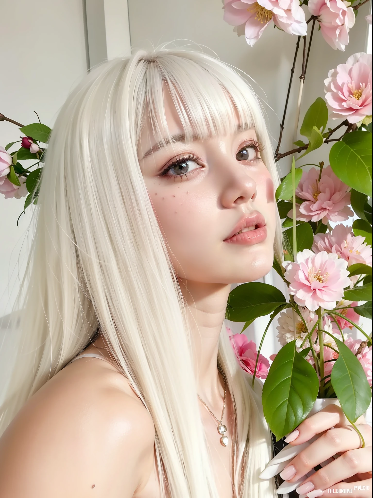 Mujer rubia con pelo blanco y flores rosas en el pelo., Peinado blanco de corte hime, flequillo blanco, Cabello largo y blanco y flequillo, Hermosa Delphine, con pelo largo blanco, cabello blanco y hermoso, cabello whitebangs cabello, Chica con el pelo blanco, pale hair, con el pelo largo y blanco, kawaii aesthetics, Shikamimi, sakura petals around her, Color de pelo blanco