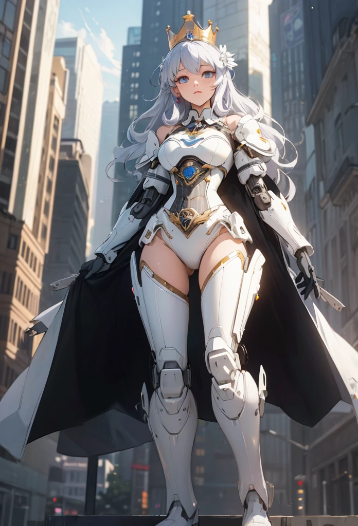 (Detailed illustrations,Very detailed and detailed drawing,Delicate lines with slow and rapid,Realistic texture expression),[Color tressed main line],[Skyscrapers of a modern city can be seen in the distance],(ANIME)(A giant white ROBOTGirl towering over the building area(SKINNY) [Total length 40 meters]),[AUTOMATON] (A painstaking face like a sculpture [ROBOT FACE[Blue-white glowing eyes]])[[Titanium skeleton](Delicate thin fingers) (MACHINEKNIGHT)],[It is called the princess lily of white porcelain] ((Elegant exterior with many curved surfaces [smooth body surface]) (large crown [[large raised shoulder pad]])) (Ruffle Petticoat) [White lily pattern],[[TITANWEAPON]] Mecha Body Metal Skin [Cable running down the body surface [gear wheel]],[Platinum coating],[Science Fiction Mechanical],(Huge feeling),(Intricate and beautiful decoration [Dense detail]),[Transparency],[long and beautiful eyelashes],[Meticulously drawn hair [美しく艷やかな髪のdetaileds]],(完璧な手のdetaileds [Beautiful fingers without breakdowns [Beautiful nails]]),(Perfect Anatomy(Perfectly proportioned))[[Full body like]],[Ideal color coordination(Accurate simulation of light-material interactions)],([Precision Detail](detaileds,high-detail)),[Visual art that conveys a sense of narrative].