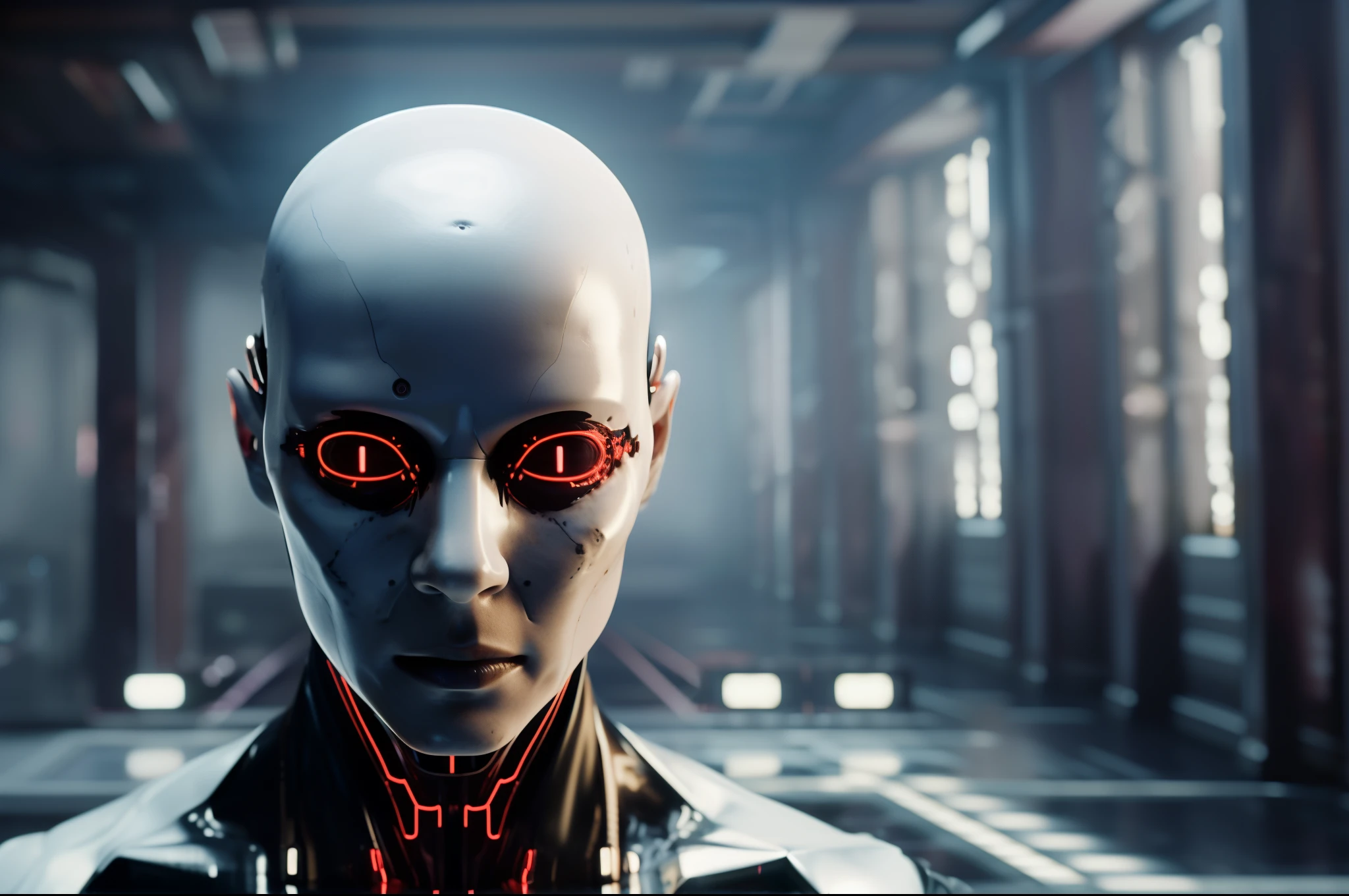 Humanoid woman with one eye，white head and black face，In a dark room，There was a red light behind him，Cedric Peravenay，unreal engine 5 highly rendered，Cyberpunk art of a，automatic，Original photo of the detailed skin，Clear face