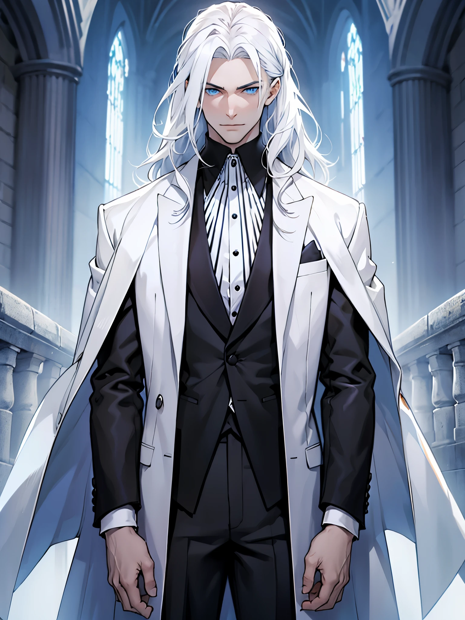 Make a very handsome man, tall, thin, pale, long white hair, blue eyes. Wearing formal black clothes. Standing.