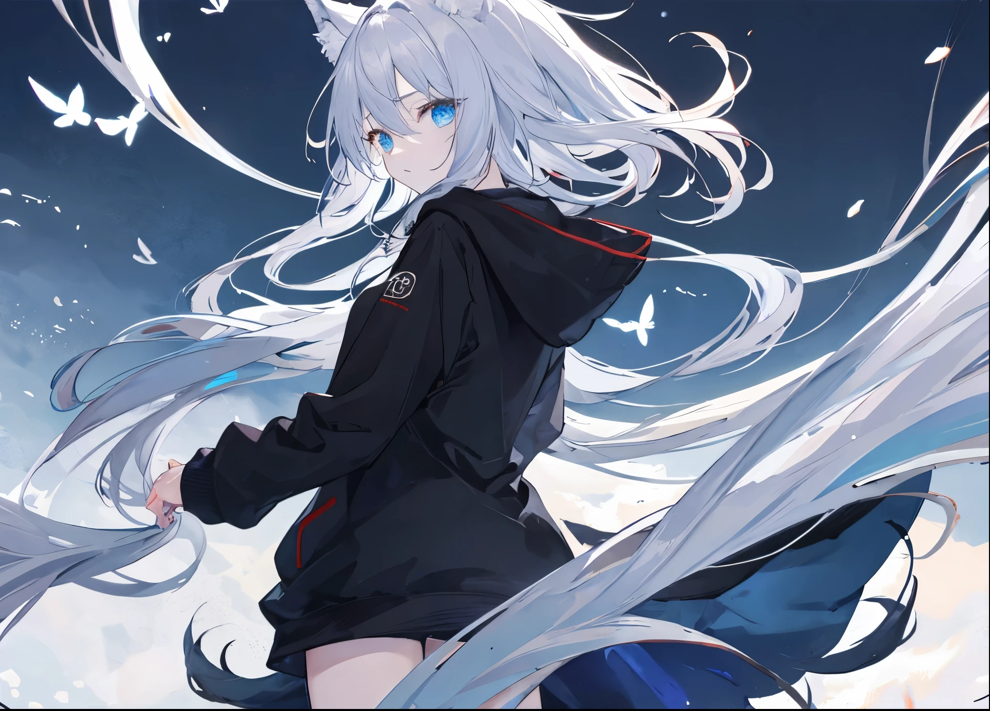 ((Best Quality)),up、Wearing a black hoodie、looked lonely、He had gray hair and furry ears.、eyes are very blue、wolf girl。The back is black。The wind is blowing、Hair is fluttering。