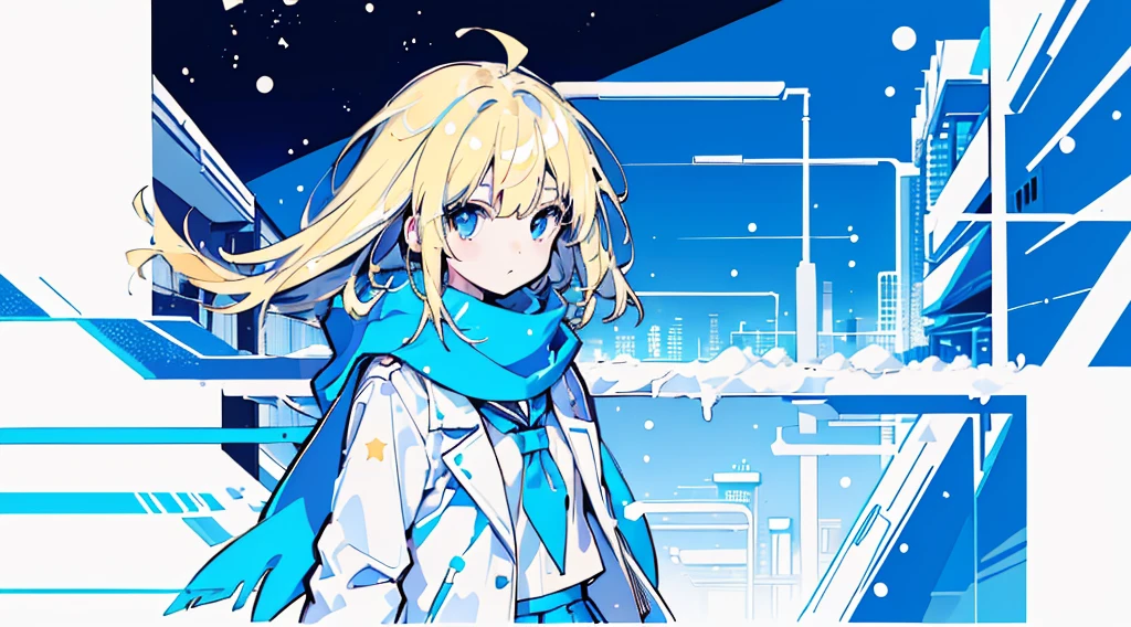 (2 girls, blonde hair, blue eyes, school uniform, white coat, blue scarf, kawaii), (snowing, blue cyberpunk city, blue neon), (low contrast, flat color, limited palette)