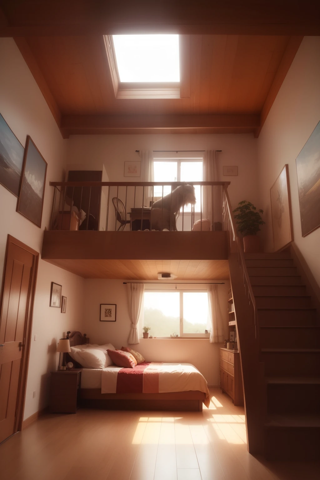 Quarto com uma cama grande e uma lareira no canto, lugar aconchegante, cozy room at night, aconchegante e calmo, picture of a loft in morning, cozy vibes, ambiente acolhedor e tranquilo, atmosfera aconchegante, Cozy setting, Atmoshpere aconchegante, ambiente aconchegante, floor-to-ceiling windows, Beautiful natural lighting, in an attic, linda luz natural, interior quente --auto