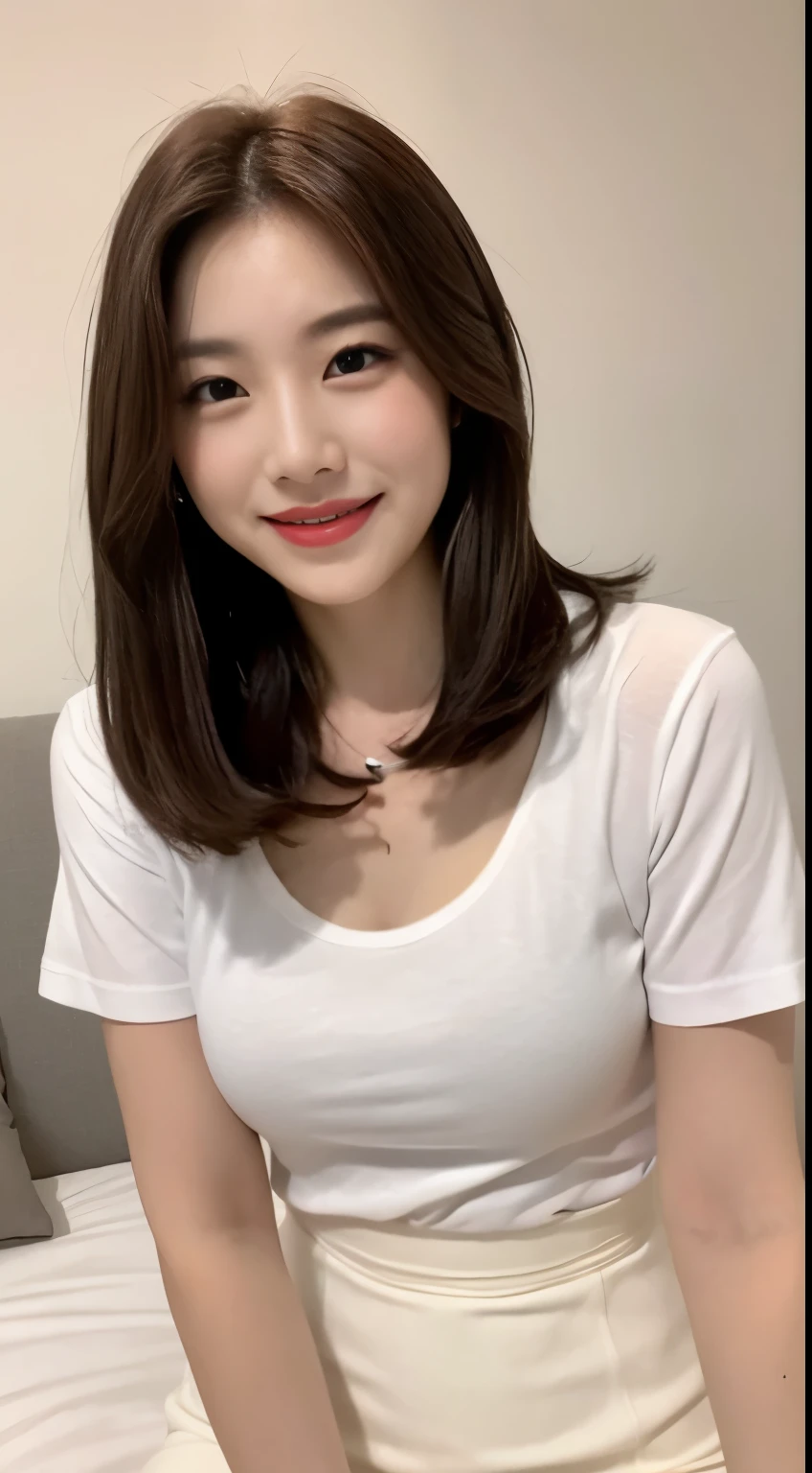 White tight shirt、White tight mini skirt、a bed、a smile、shortsleeves、high-level image quality、Hallyu Idol Face