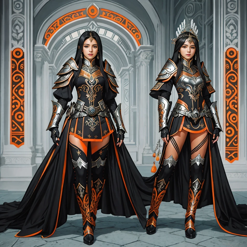 3 s(((corpo inteiro))), standingn, muita roupa, from head to toes, thigh-high gladiator sandals, (((um personagem))), feminino, (((pele escura))), Cabelo preto com Rabo de cavalo, Olhos Azuis-Claros, , e moldura Azul Claro, ((Black metallic gauntlets and greaves with orange and silver details)), (((As Roupas tem uma Mistura de Moderno e Tribal))), tendo em sua Maioria a Cor Preta, mas tendo Partes em red, Shoulders on Display, Sem quadrilha, a short that extends to mid-thigh in black. Retrato 8k de ciborgue bonito com cabelo castanho,intrincado,Ellegance,Altamente meticuloso,cativante olhos azuis,um majestoso,fotografia digital,The artistic germination and art of Ruan Jia and Greg Rutkovsky Surrealist painting on lace,vidro quebrado,(tmasterpiece,Fenda lateral,olhos requintados e bonitos:1.2 ), Human Development Report,