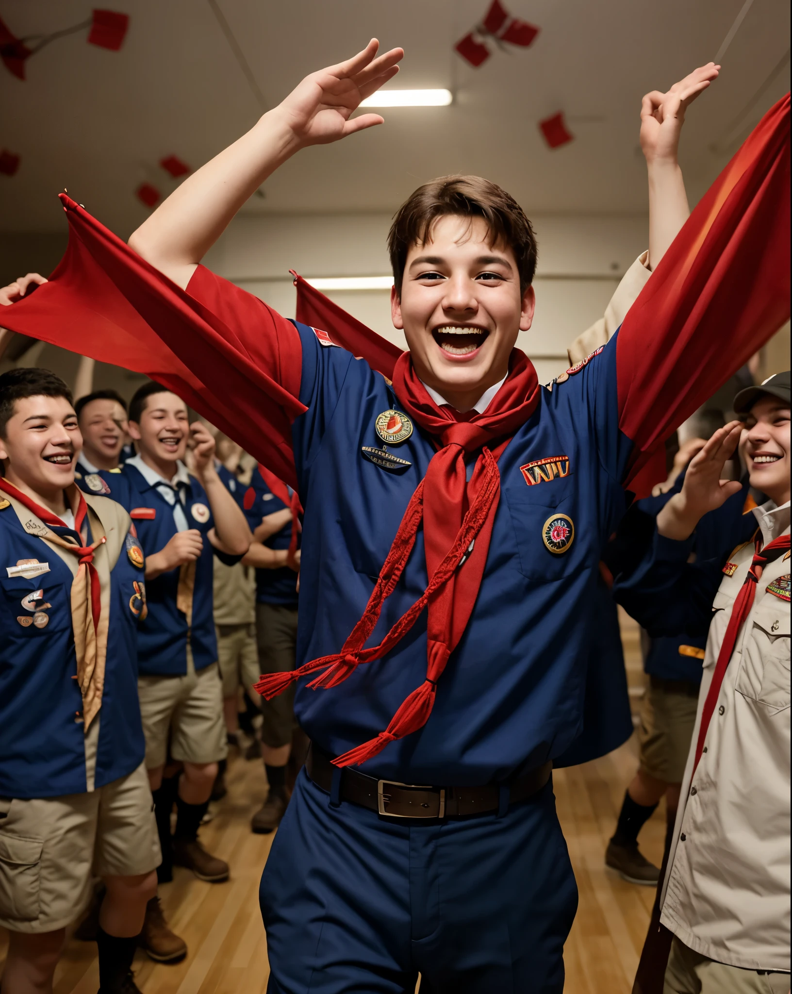 happy boy scouts celebrating and spinning their red scarves in the air