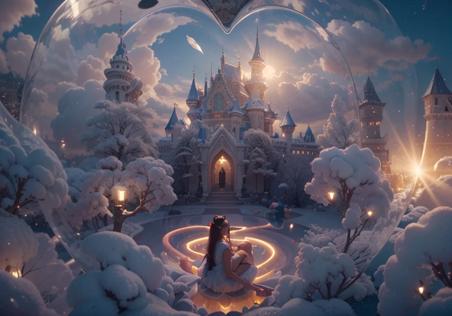 inside a heart shaped bubble a Cotton Candy Queen Women Goddess 8k Resolution Rendered Hyper Realistic Intricate Detail lives in an frosty heart shaped bubble, a fanciful place filled with castles, cotton candy, swans lakes and fluffy clouds, An intricate visual representation of computer programing, rendered in 24k resolution with intricate details and symbols.
