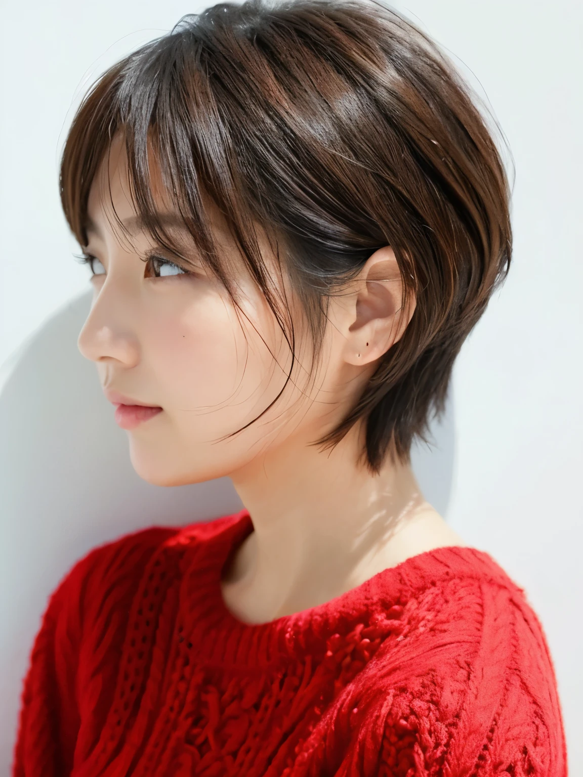 white wall、Taken in front of the white door、(8k、Live shooting、highest quality、masterpiece:1.2)、High-definition RAW color photo、light gray long sleeve shirt、professional photos、(genuine、フォトgenuine:1.37)、Photographed in natural light、1 girl、lazy smile、(various poses)、Blake is (ombre:1.3) 、spring clothes、simple necklace、don&#39;t look at the camera、profile、shortcut、((brown hair))、short hair、Eye color is dark brown、(Beautiful profile:1.3)、correct hand of human body、look down
