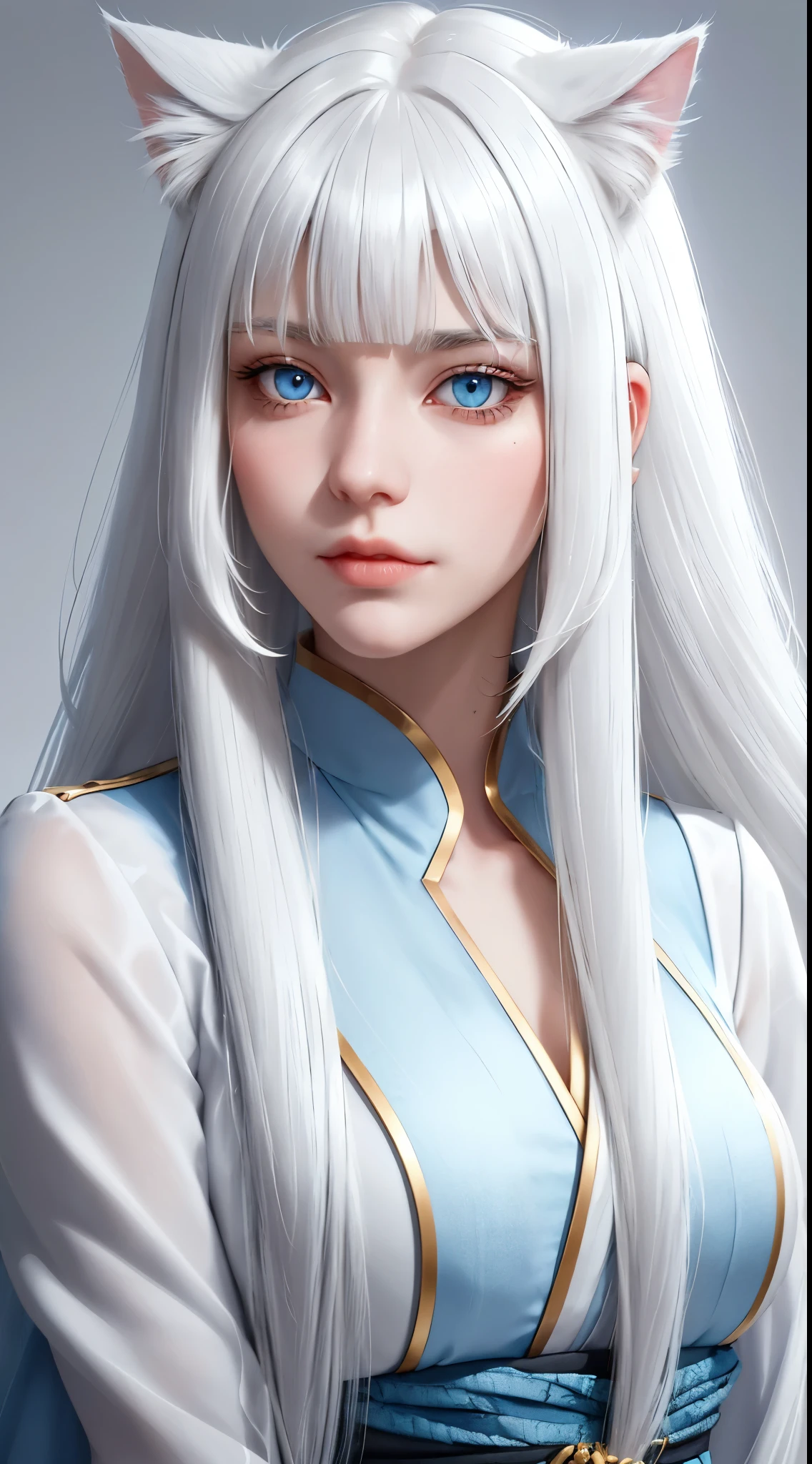 Light white hair, blunt bangs, asymmetrical hair, hair behind ear, long hair, wavy hair, blue eyes, cat pupils, eyebrows behind hair, cat ears, serious, facial hair, close-up, UHD, anatomically correct, textured skin, high details, 1080P, traditional japanese clothes