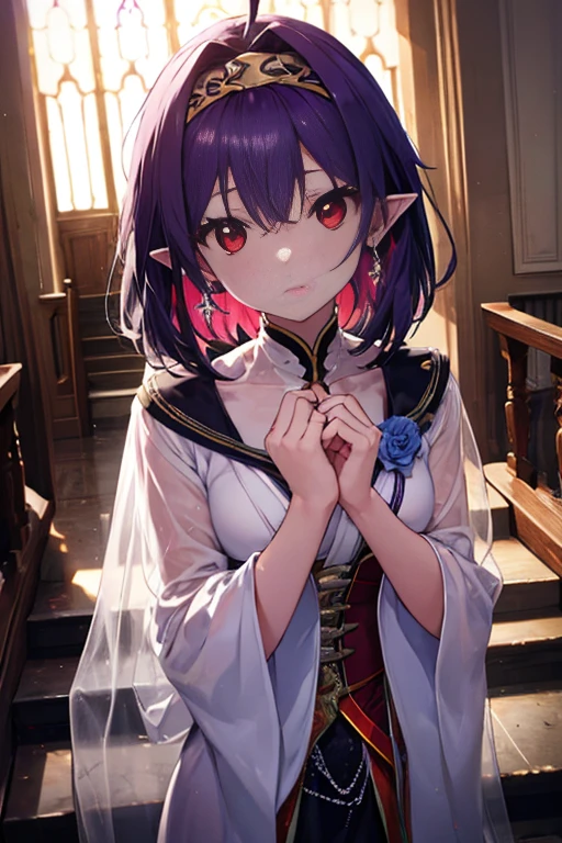 Yuki Konno, Yuki Konno, shairband, Long hair, pointy ear, Purple hair, (Red Eyes:1.5), (Small breasts:1.2), Ahoge,Bride Costume,veils,silver stiletto heels, Have a bouquet,turning around at the top of the stairs,outside the church,There are many swords stuck in the ground.,Upper body, Full body,
BREAK outdoors,
BREAK (masutepiece:1.2), Best Quality, High resolution, Unity 8k壁纸, (Illustration:0.8), (Beautiful detailed eyes:1.6), extra detailed face, Perfect Lighting, extremely details CG, (Perfect hands, Perfect Anatomy),
