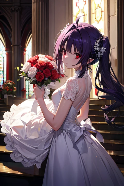 Yuki Konno, Yuki Konno, shairband, Long hair, pointy ear, Purple hair, (Red Eyes:1.5), (Small breasts:1.2), Ahoge，Bride Costume，veils，silver stiletto heels， Have a bouquet，turning around at the top of the stairs，outside the church，There are many swords stuck in the ground.，Upper body, Full body,
BREAK outdoors, 
BREAK (masutepiece:1.2), Best Quality, High resolution, Unity 8k壁纸, (Illustration:0.8), (Beautiful detailed eyes:1.6), extra detailed face, Perfect Lighting, extremely details CG, (Perfect hands, Perfect Anatomy),