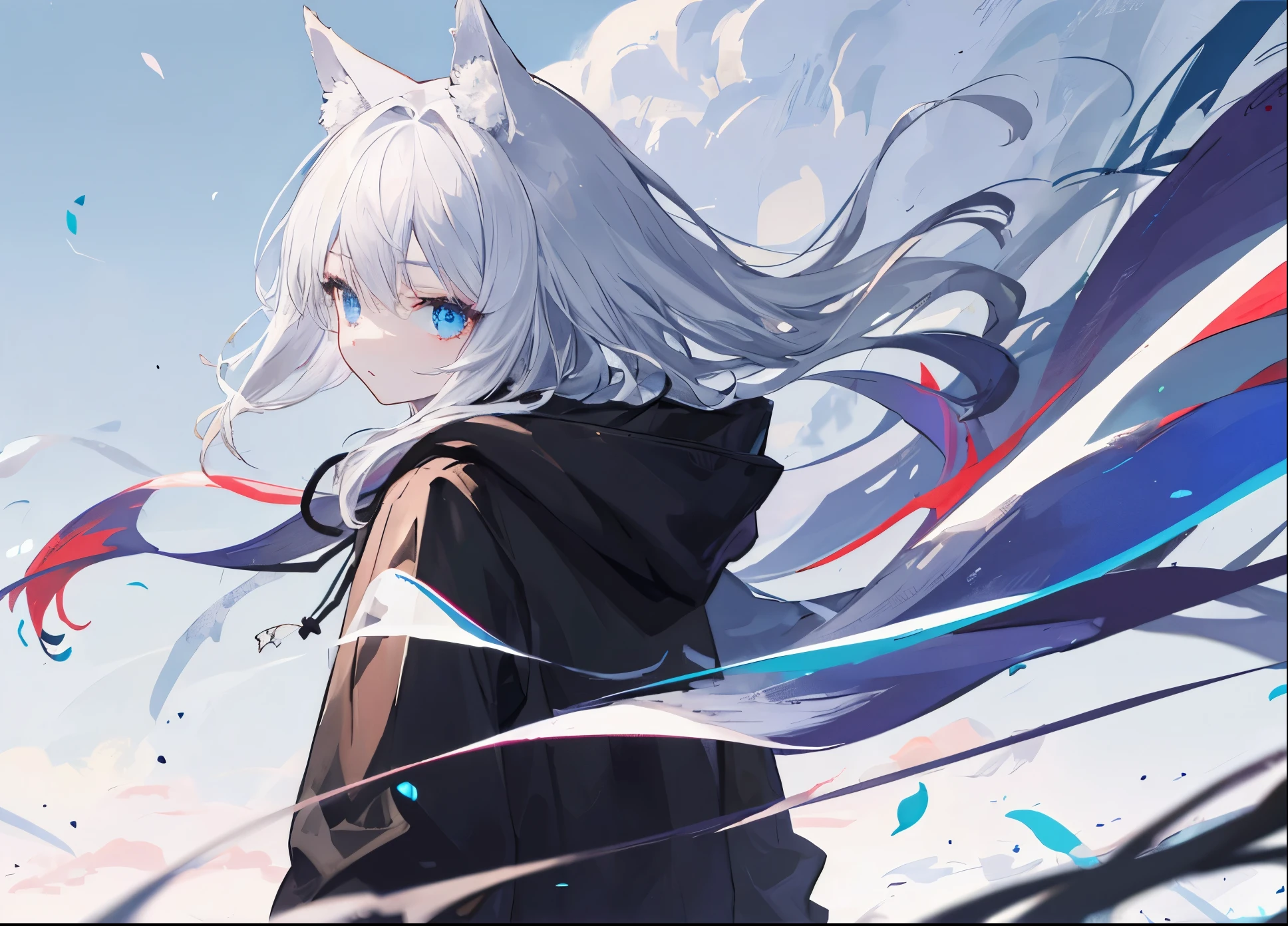 ((Best Quality)),up、Wearing a black hoodie、looked lonely、He had gray hair and furry ears.、eyes are very blue、wolf girl。The back is black。The wind is blowing、Hair is fluttering。