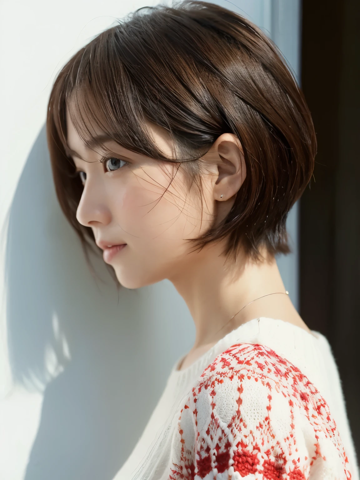 A Japanese Lady、Sunburned skin、short-cut、profile、Shot from the side、Taken in front of a white wall、white wall room with window、Wearing red knitwear、Realistic human eyes、平均的なA Japanese Lady's face、dark brown eyes、Dark eyes
