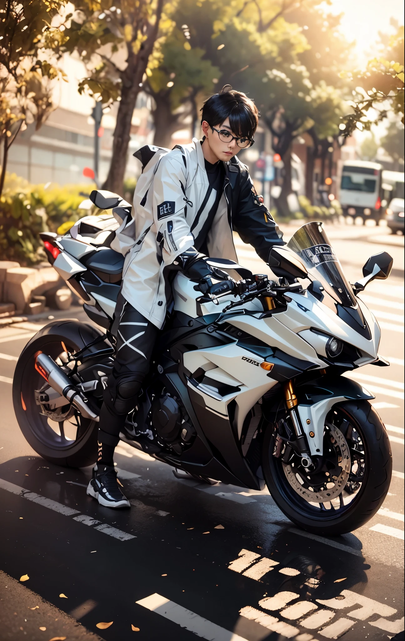 there is a hansome korea boy, perfect face, detail face, that is sitting on a motorcycle on the street, r6, motorbiker, biker, sitting on motorbike, motorcycle, matt white color armor, black white, unreal enging, glossy white armor, white red, triumph, fullbody shot, cinematic full shot, translucent sss, wearing japanese techwear, riding