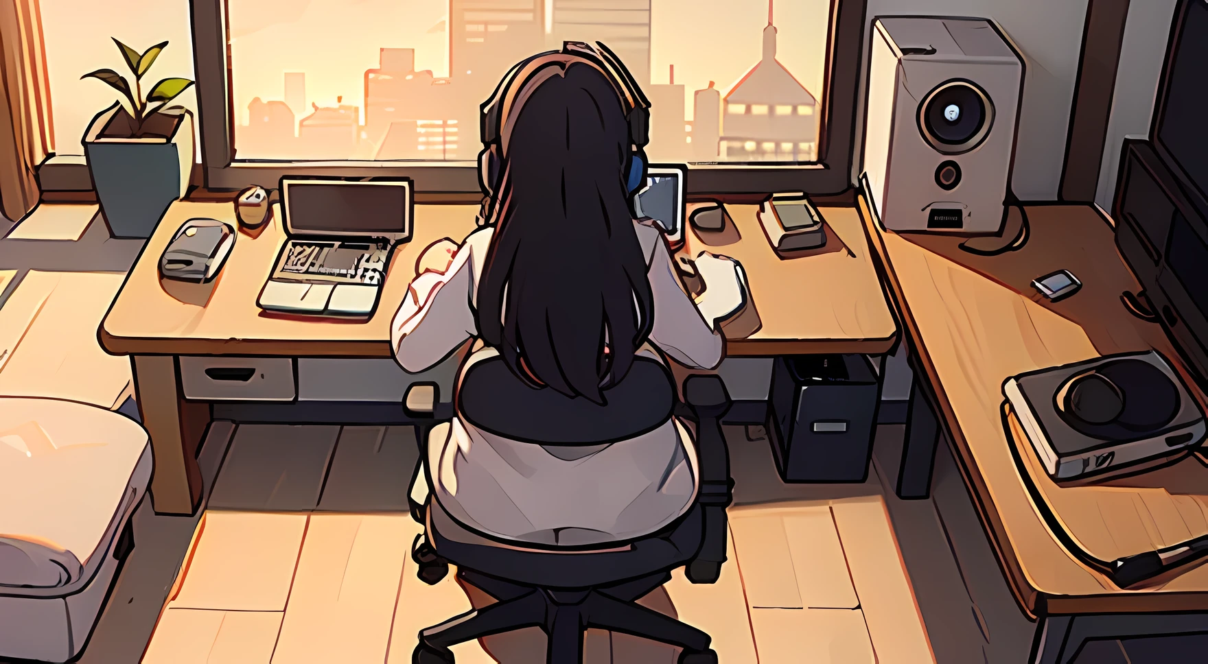 1 person,a desk,students,computers,Headsets,(best artwork,Masterpiece),a chair,indoor,keyboard,back-view,schools,schools에서 computers를 통해 수업을 듣고 있는 students의 back-view