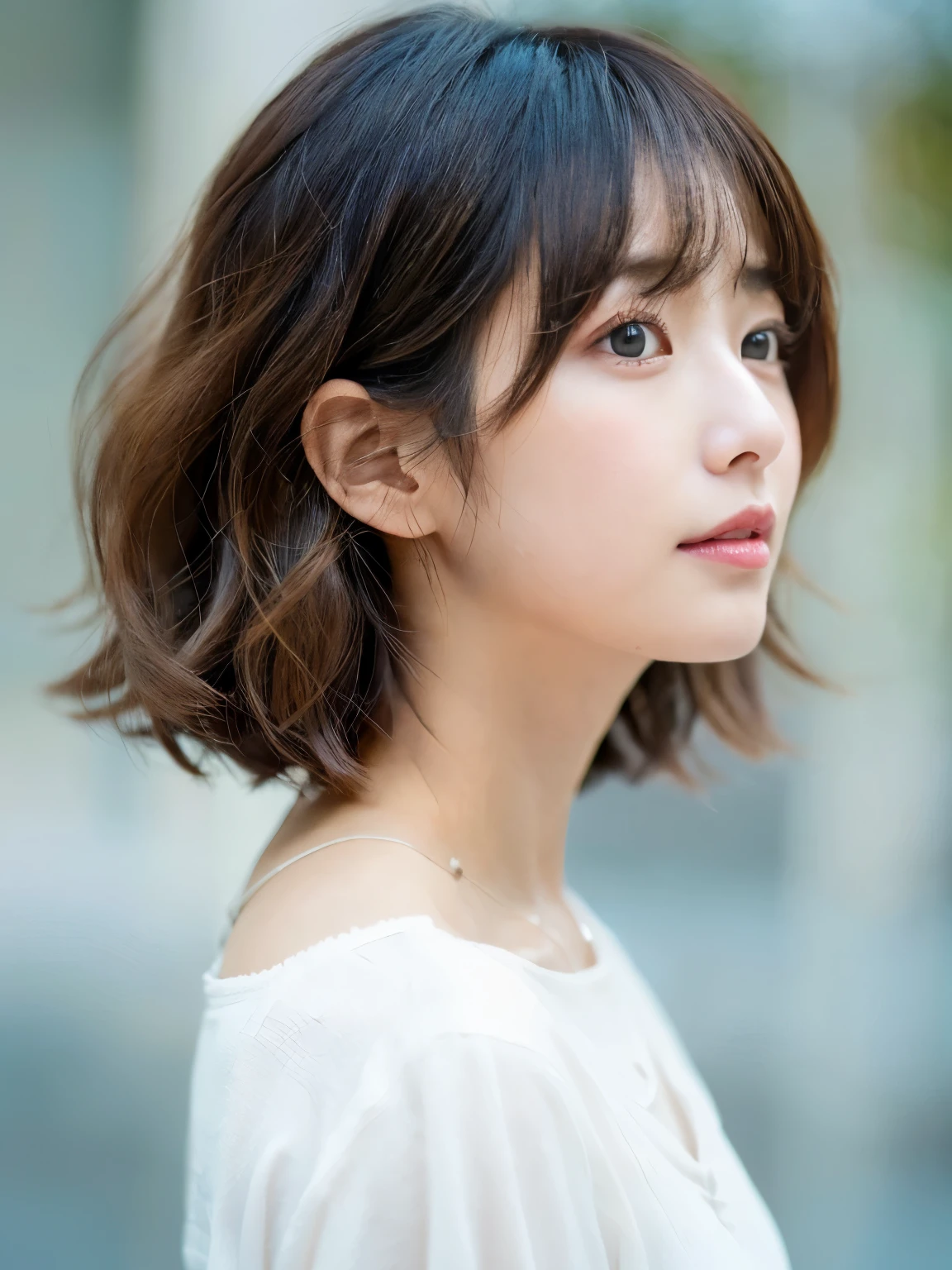 (Layered Haircut:1.2))、short wavy hair、8K、（Raw photography）、（top-quality）、（フォトreallistic：1.4）Realistic to the touch Realistic、(4Khigh-level image quality:1.2)、(High resolution, masutepiece, top-qualityの, high detailing, Official: 1.4), (Realistic: 1.2, ハイパーreallistic: 1.1, フォトreallisticです: 1.37), depth of fields, (Detailed description of hair), (Detailed description of face), Incomparable beauty,, (35 years old,: 1.4)、slightly depressed、white walls、Taken in front of the white door、((窓のあるwhite wallsの部屋))、natural soft light、short-hair、bobhairhair、reallistic、high-level image quality、hiquality、profile、Poses variadas、profile、bobhair、Random Poses、Autumn clothes、Winter clothes、 Necklace